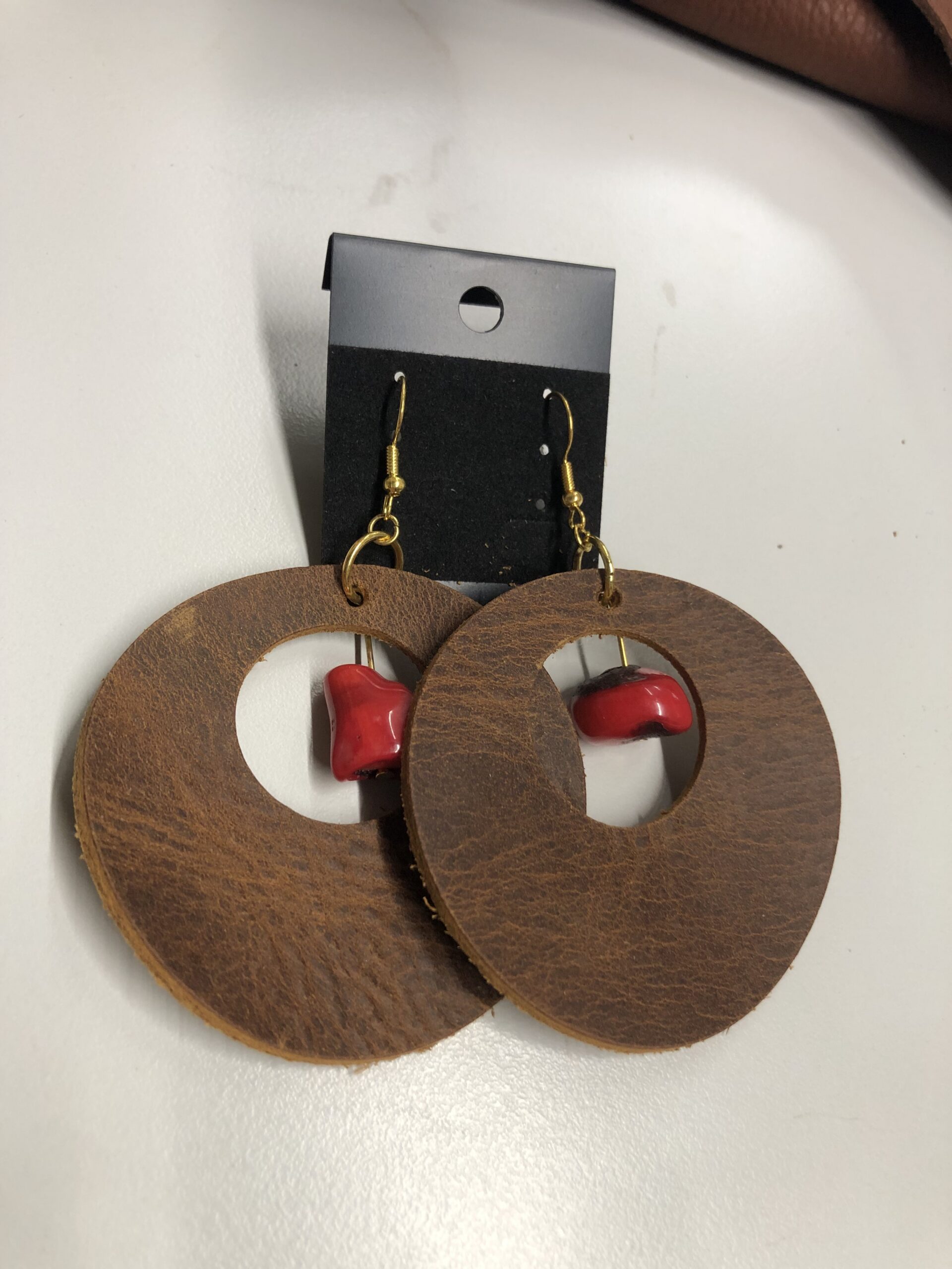 Real Distressed Leather Wide Circle Cutout Earrings with Real Red Turquoise Nugget on Gold Ear Wires