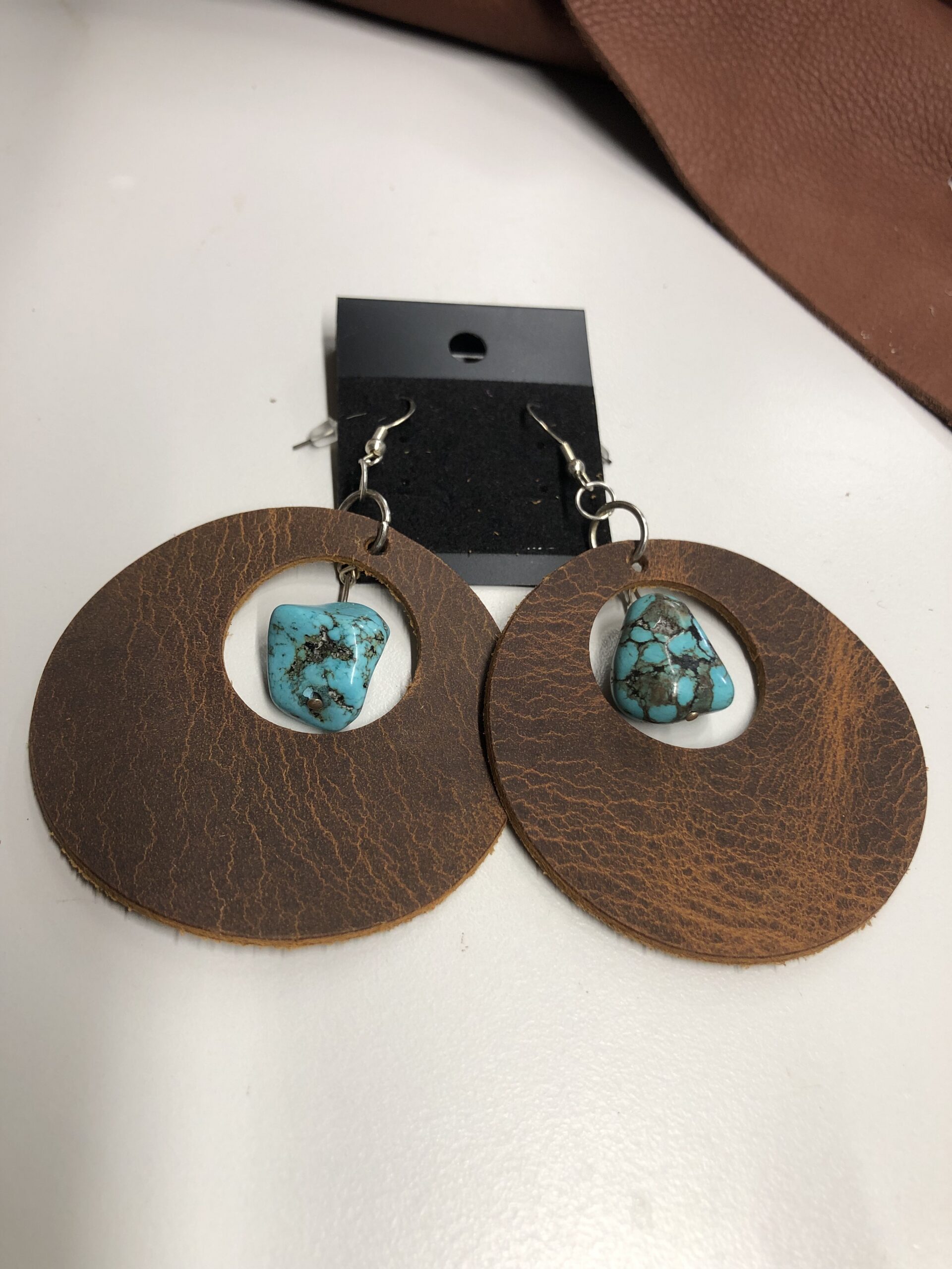 Real Distressed Leather Wide Circle Cutout Earrings with Real Turquoise Nugget on Silver Ear Wires