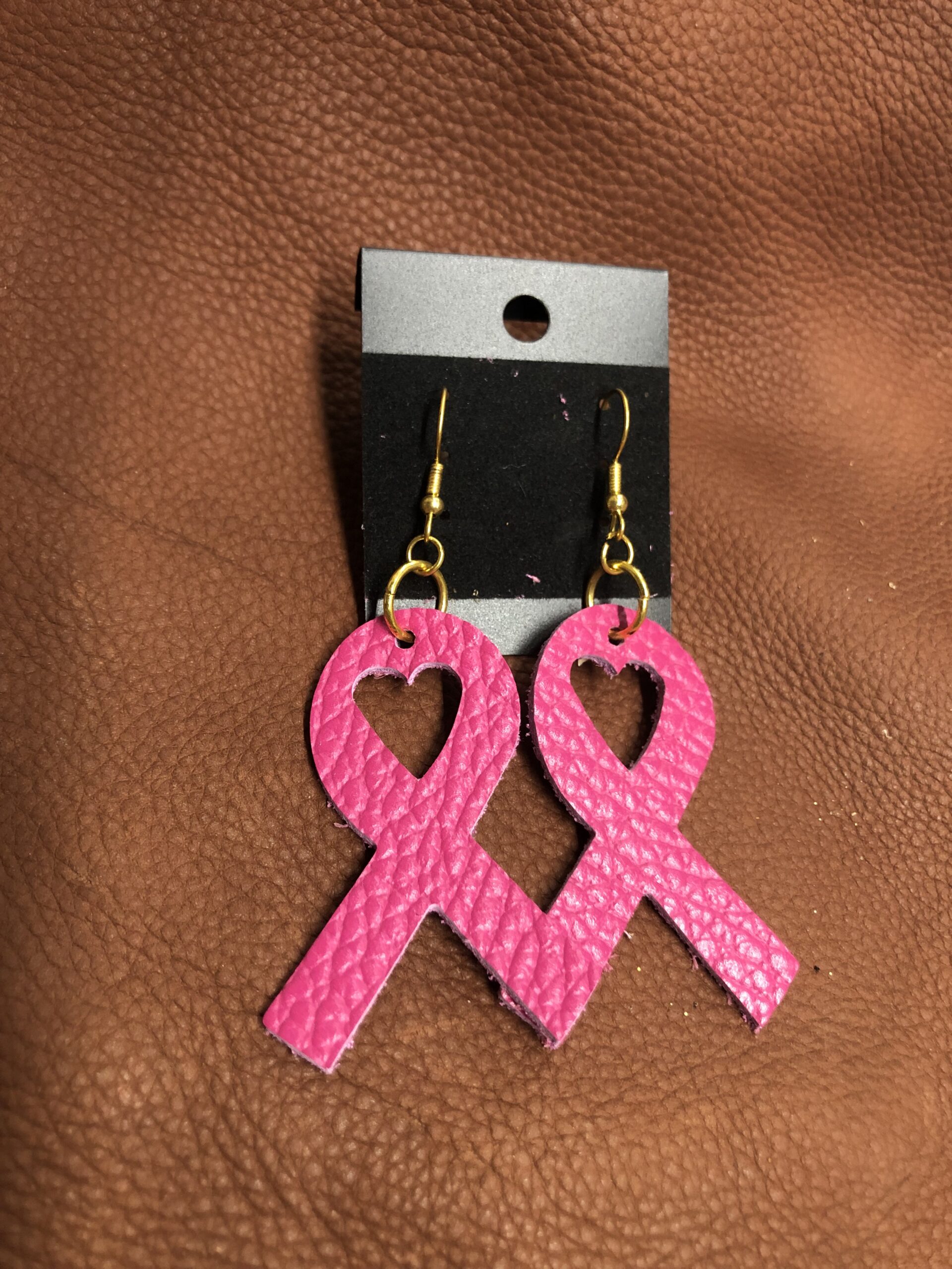 Real Pink Pebbled Leather Breast Cancer Ribbon Earrings with Heart Cutout on Gold Ear Wires