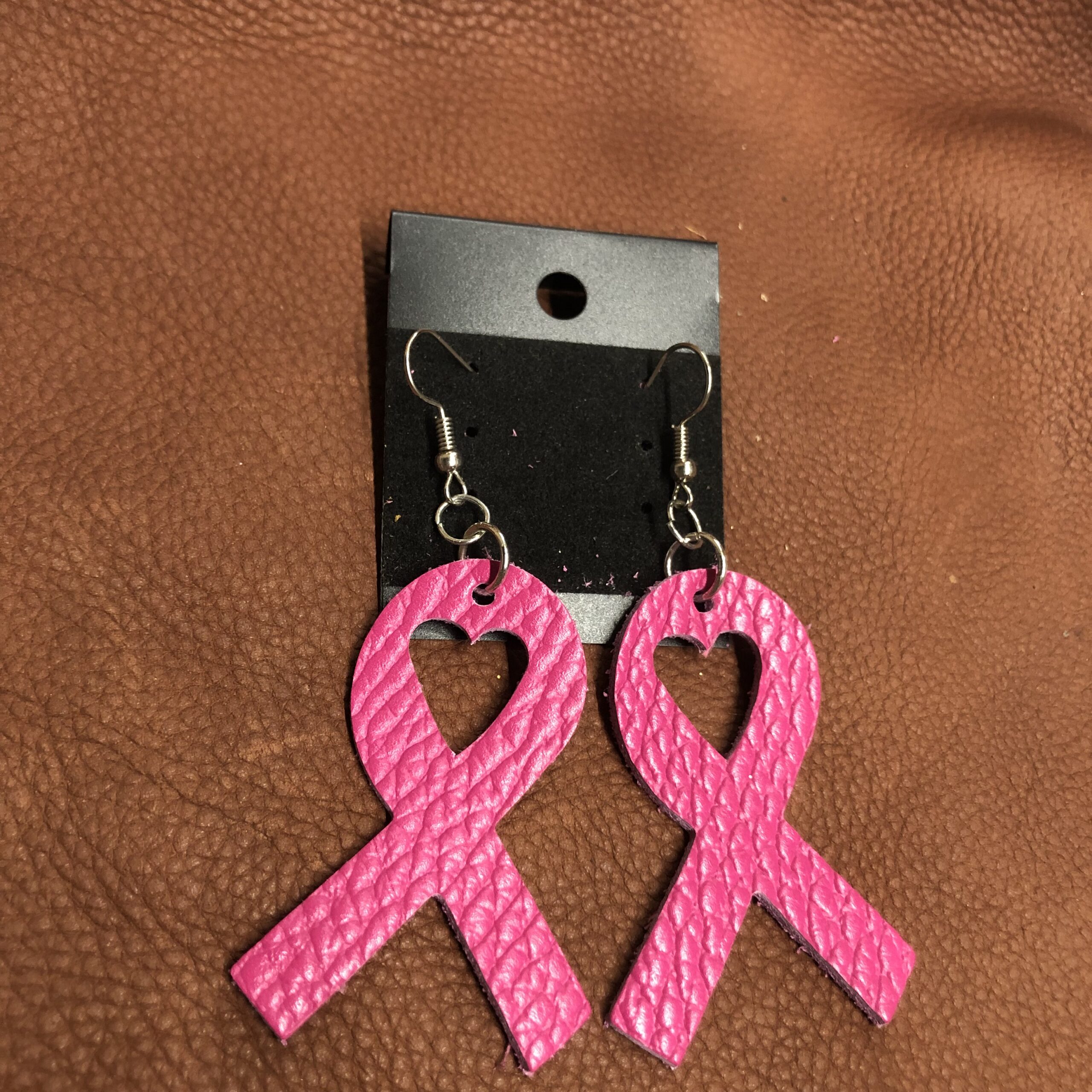 Real Pink Pebbled Leather Breast Cancer Ribbon Earrings with Heart Cutout on Silver Ear Wires