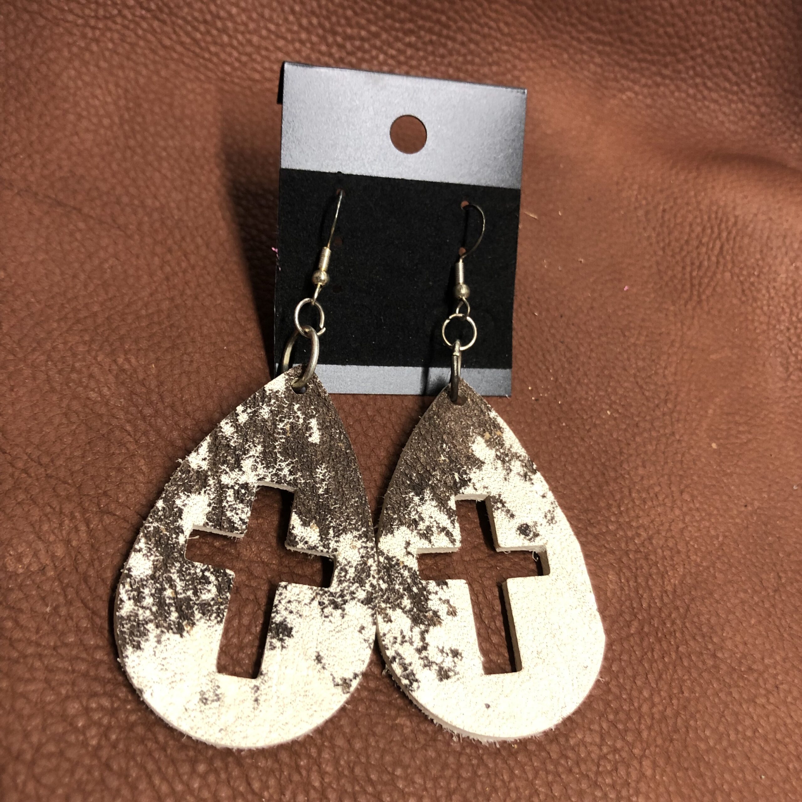 Real Brown & White Cowhide Leather Cross Cutout Teardrop Earrings on Silver Ear Wires