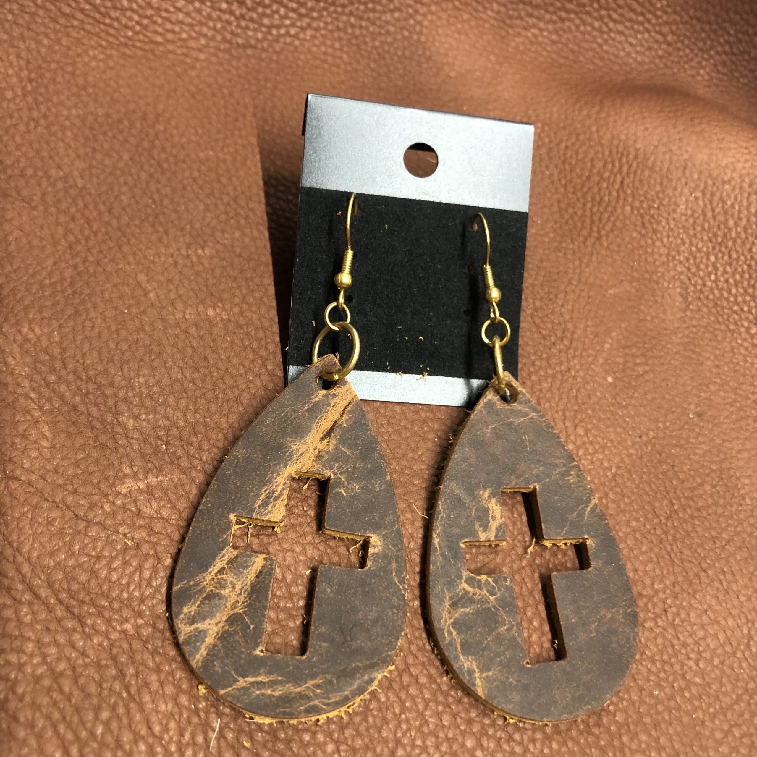 Real Distressed Leather Cross Cutout Teardrop Earrings on Gold Ear Wires