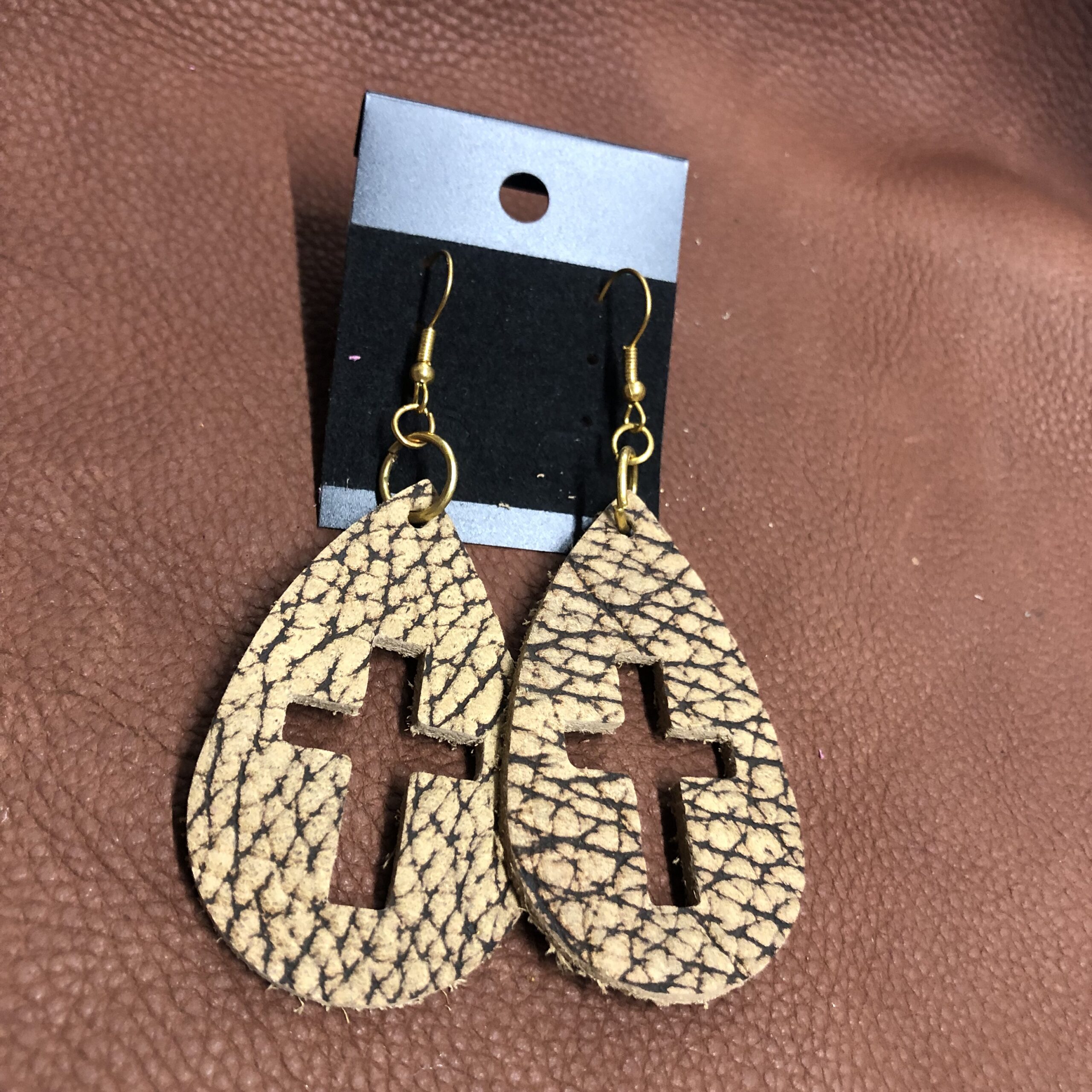 Real Bison Hide Leather Cross Cutout Teardrop Earrings on Gold Ear Wires