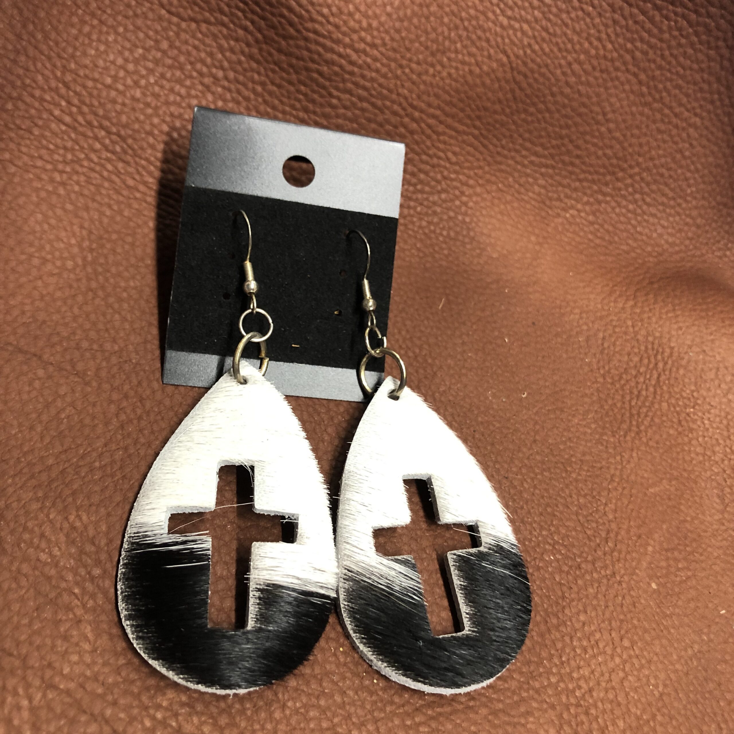 Real Hair on Hide Leather Cross Cutout Teardrop Earrings on Silver Ear Wires