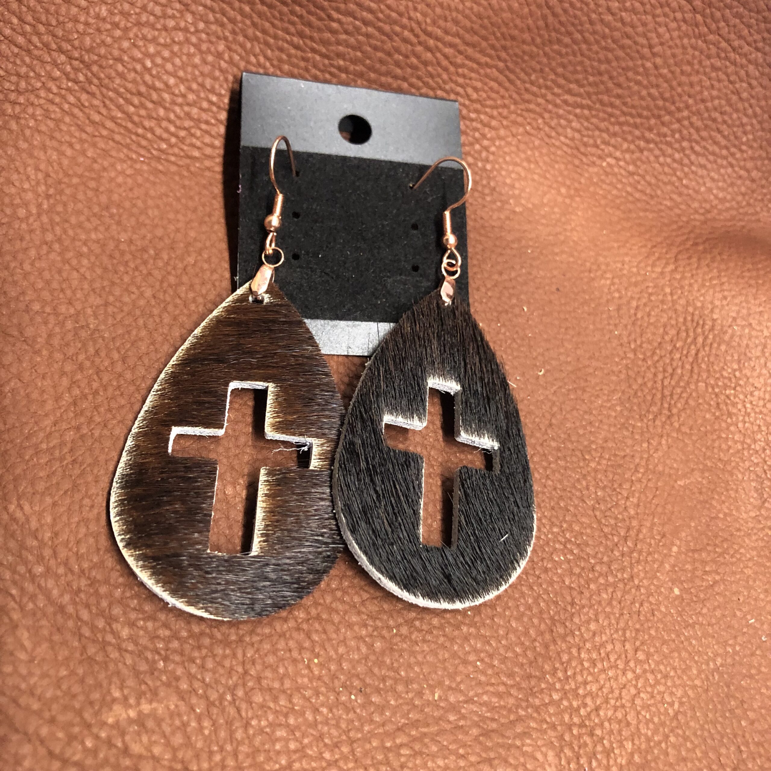 Real Hair on Hide Brown Leather Cross Cutout Teardrop Earrings on Rose Gold Ear Wires