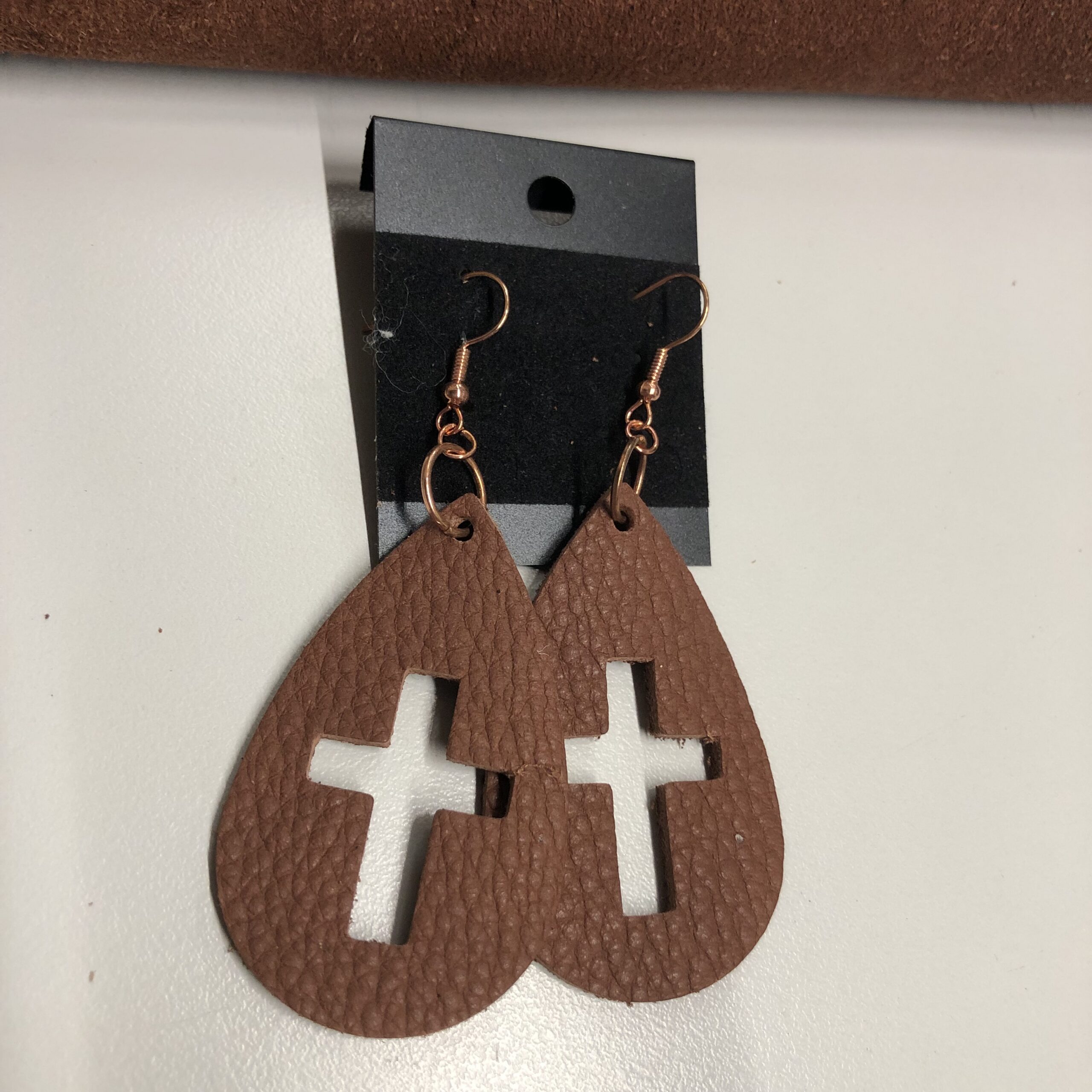Real Brown Pebbled Leather Cross Cutout Teardrop Earrings on Rose Gold Ear Wires