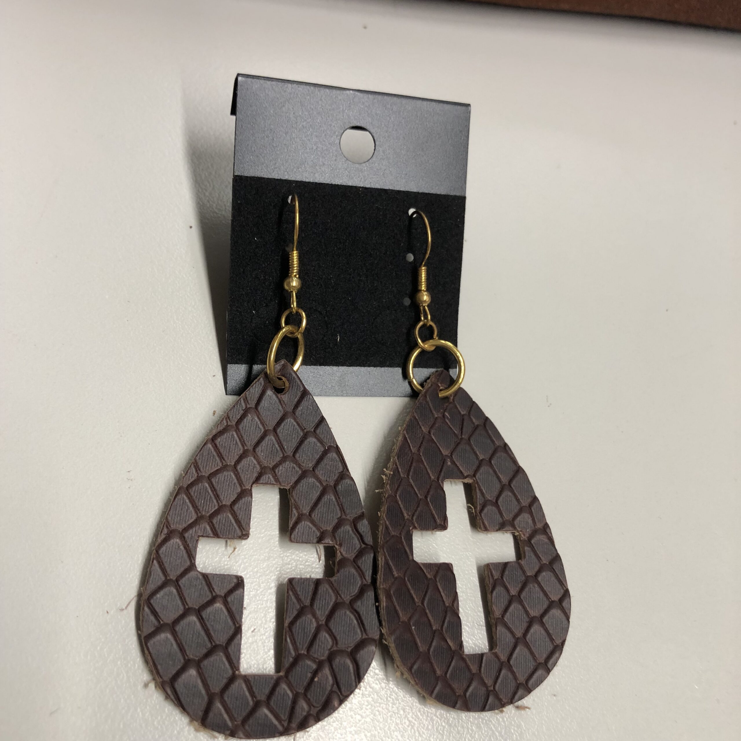 Real Brown Reptile Stamped Leather Cross Cutout Teardrop Earrings on Gold Ear Wires