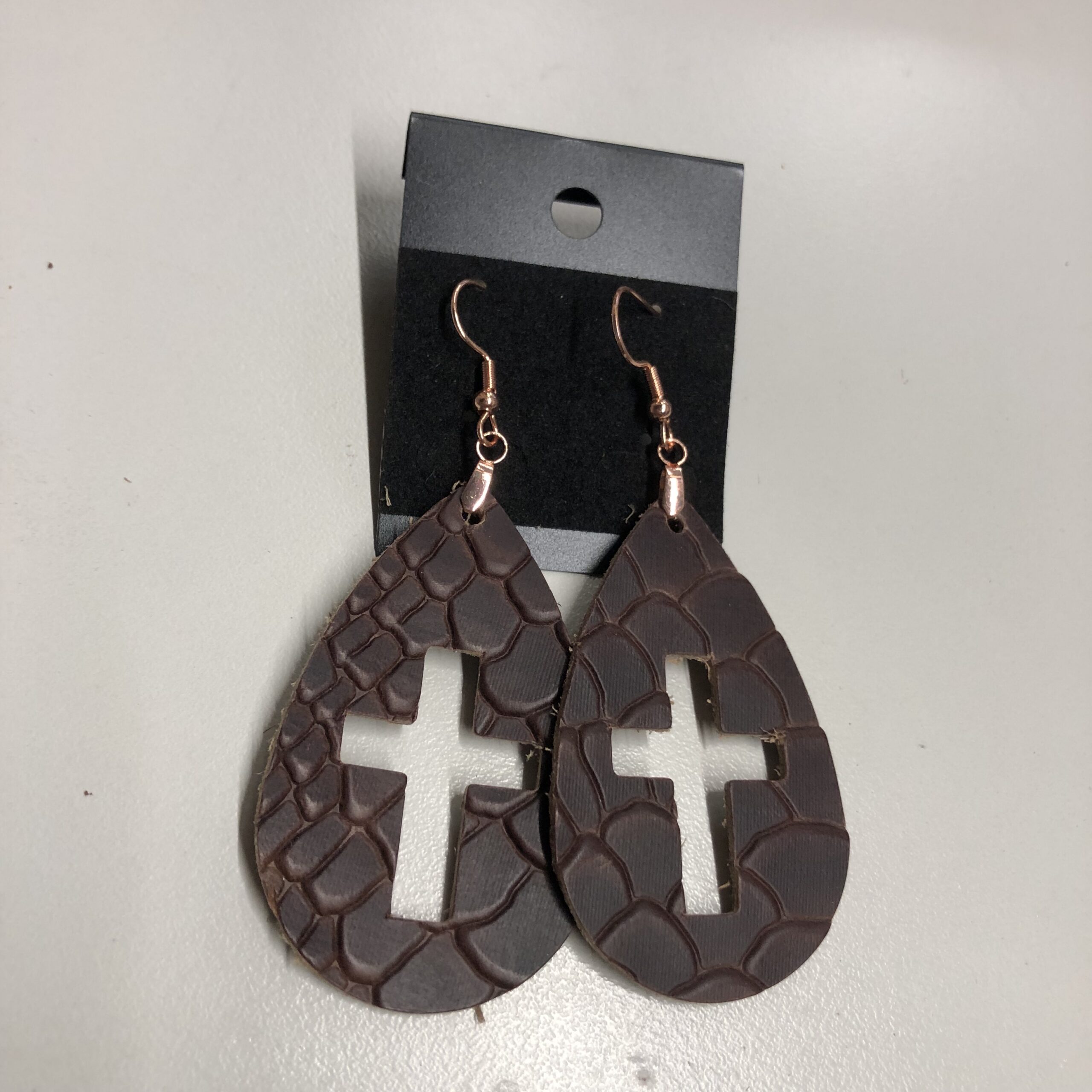 Real Brown Reptile Stamped Leather Cross Cutout Teardrop Earrings on Rose Gold Ear Wires