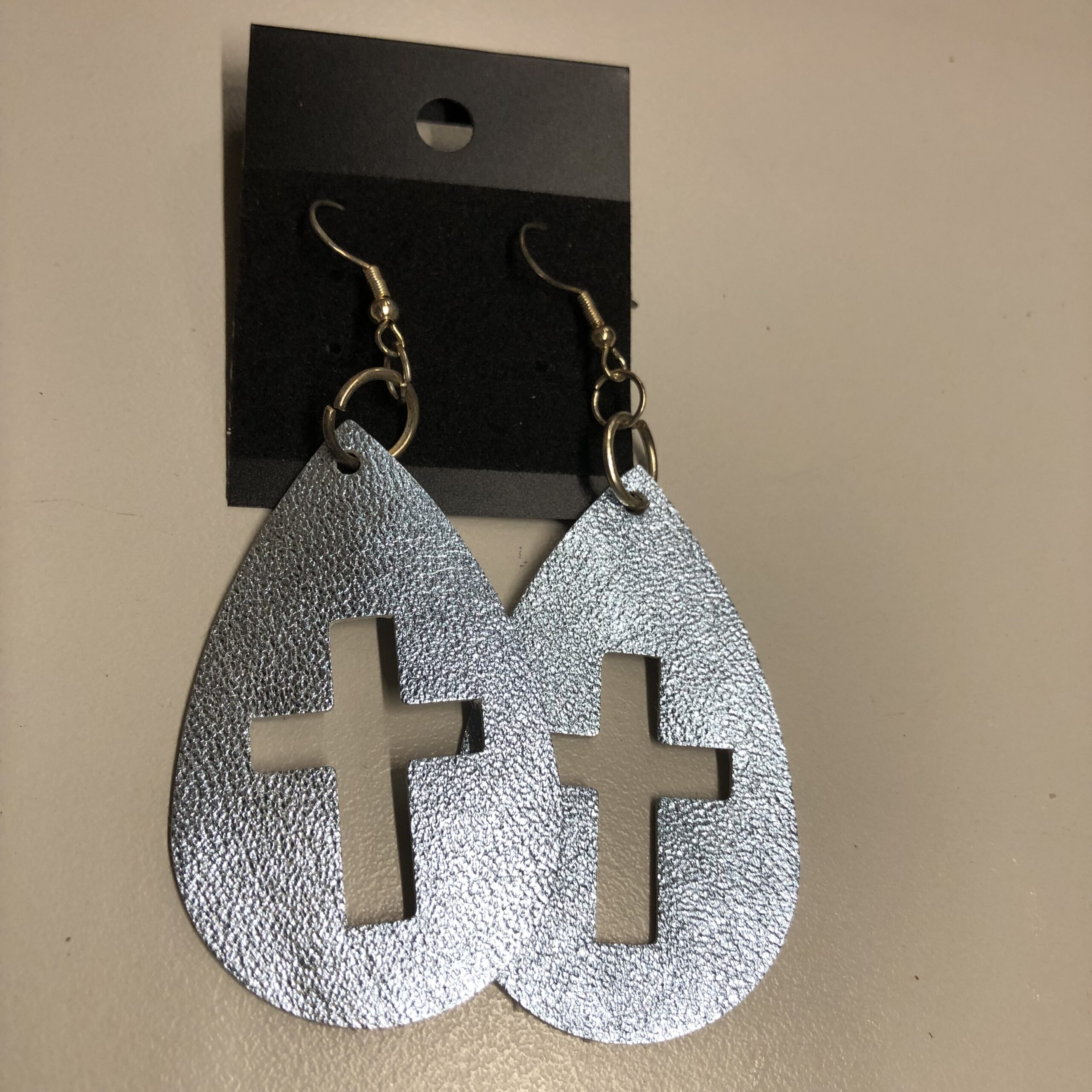 Real Silvery Blue Leather Cross Cutout Teardrop Earrings on Silver Ear Wires