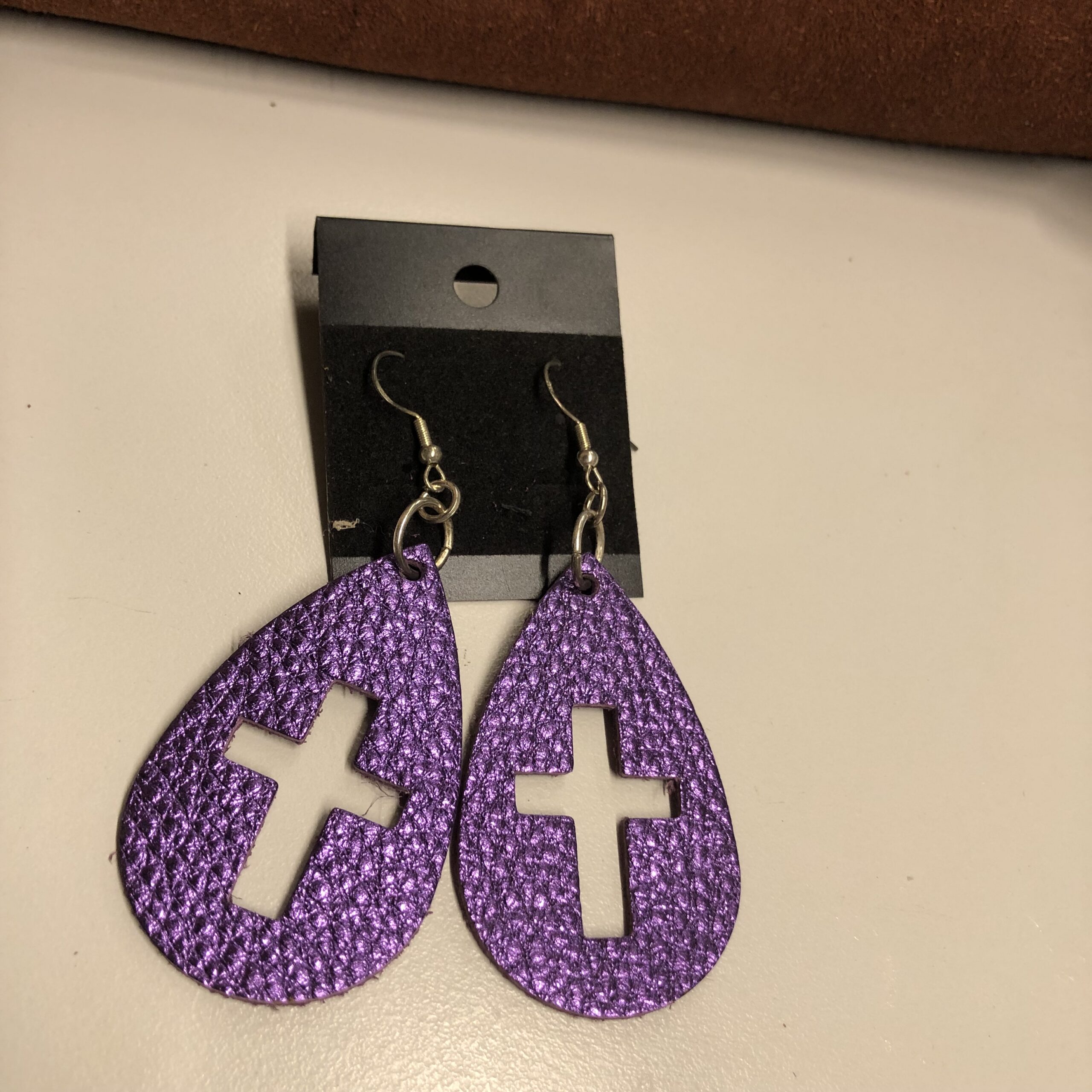 Real Purple Leather Cross Cutout Teardrop Earrings on Silver Ear Wires
