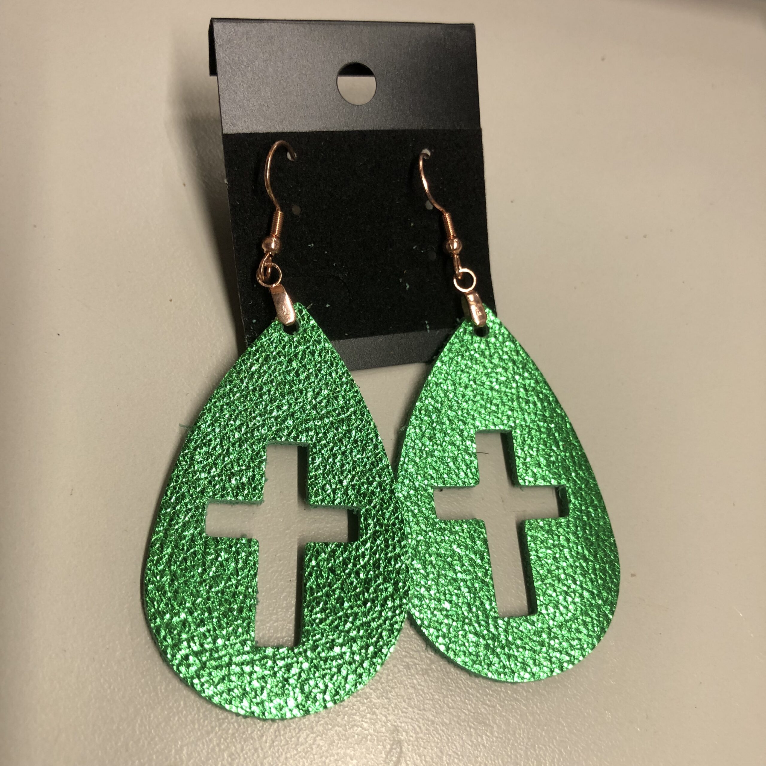 Real Green Leather Cross Cutout Teardrop Earrings on Rose Gold Ear Wires