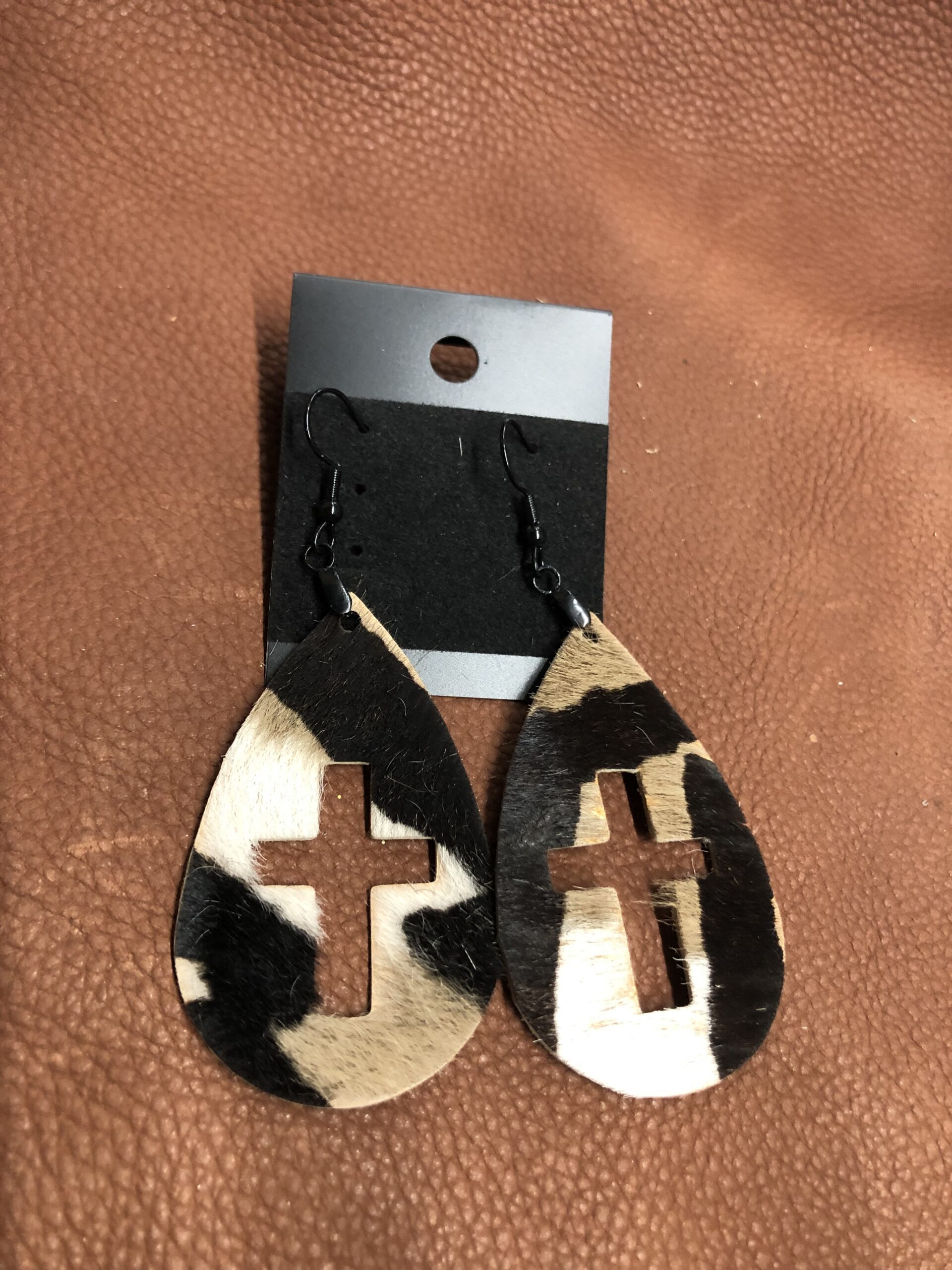 Real Hair on Hide Dark Zebra Print Leather Cross Cutout Teardrop Earrings on Black Ear Wires