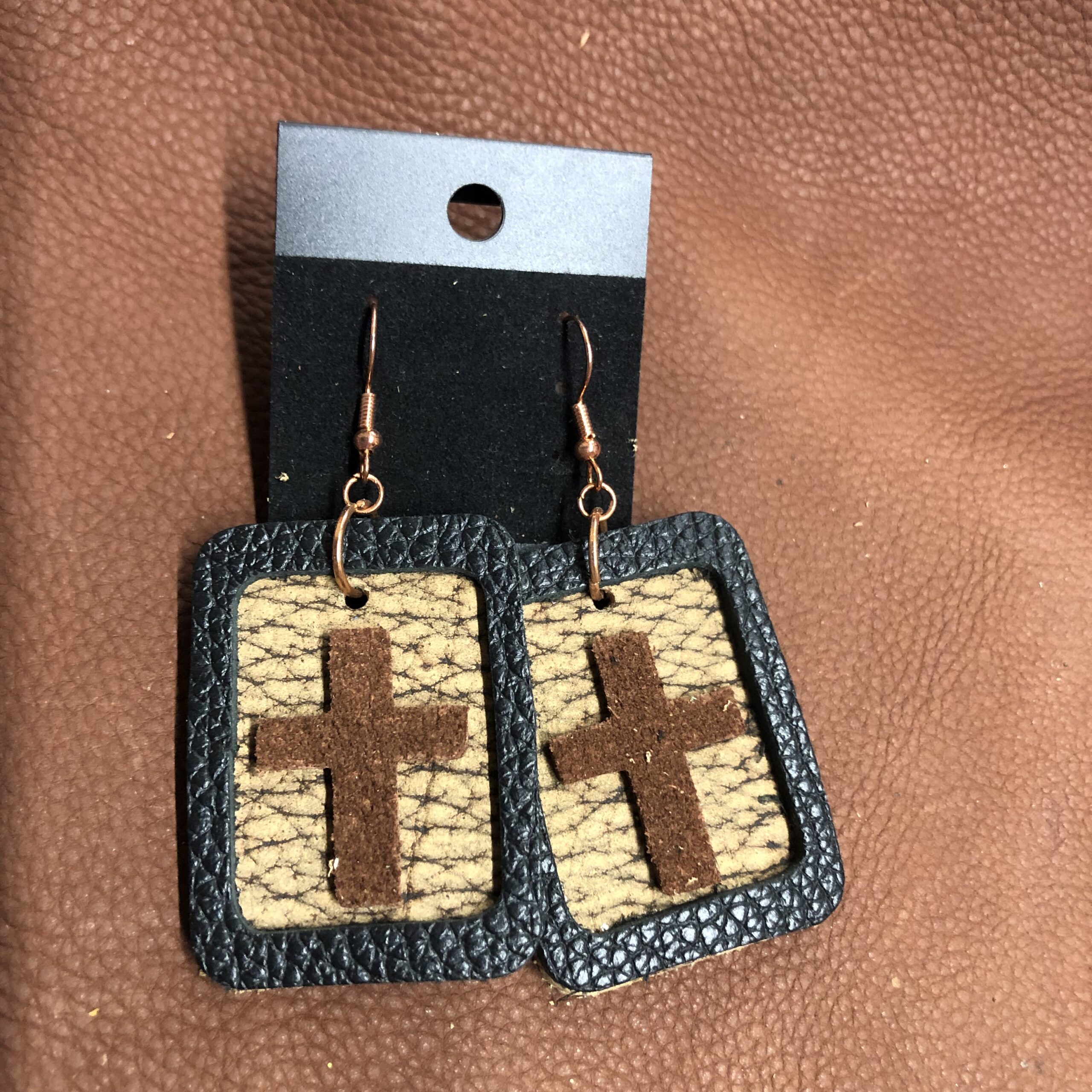 Bison Hide Rectangle with Black Pebbled Leather Frame and Brown Suede Cross Earrings on Rose Gold Ear Wires