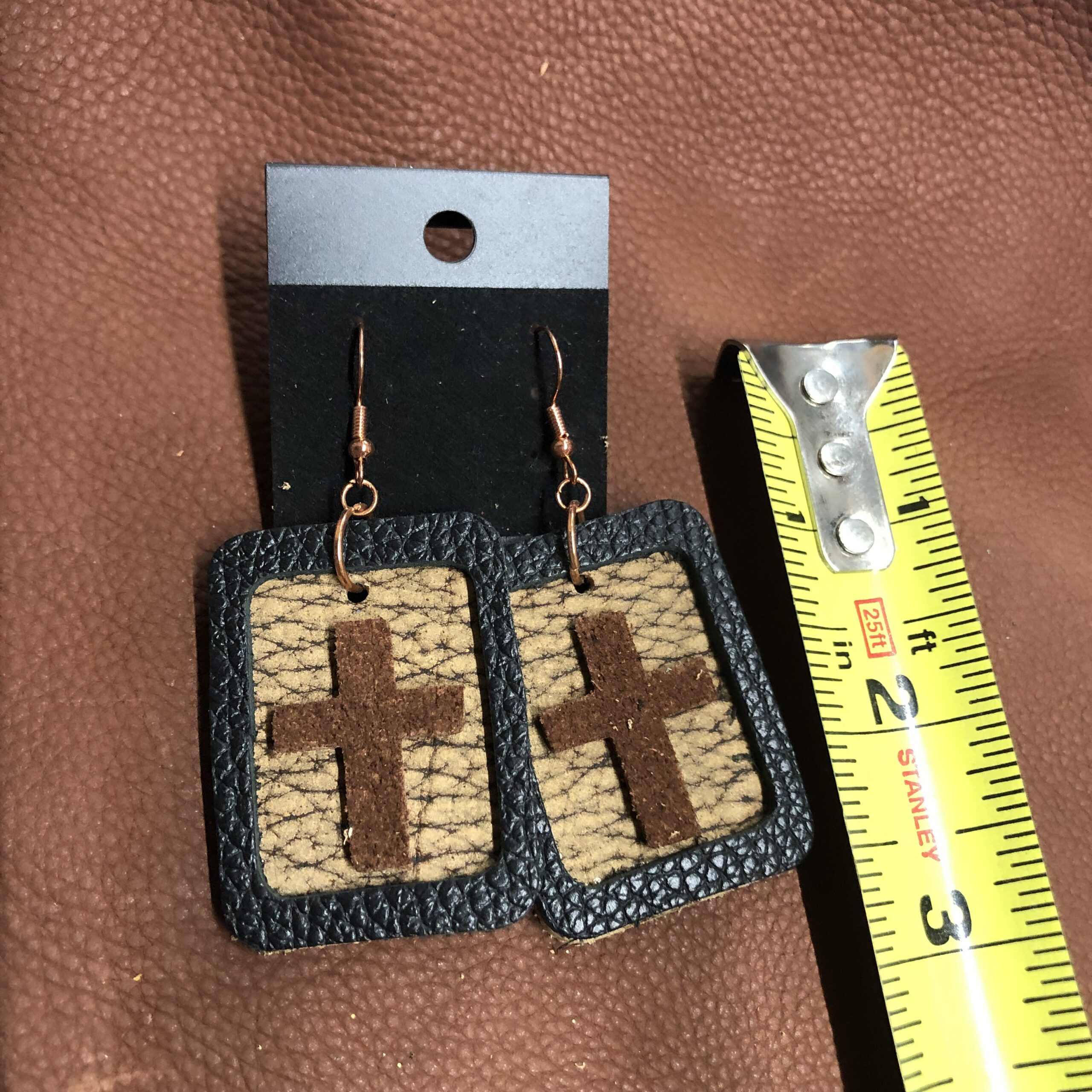 Bison Hide Rectangle with Black Pebbled Leather Frame and Brown Suede Cross Earrings on Rose Gold Ear Wires - Image 2