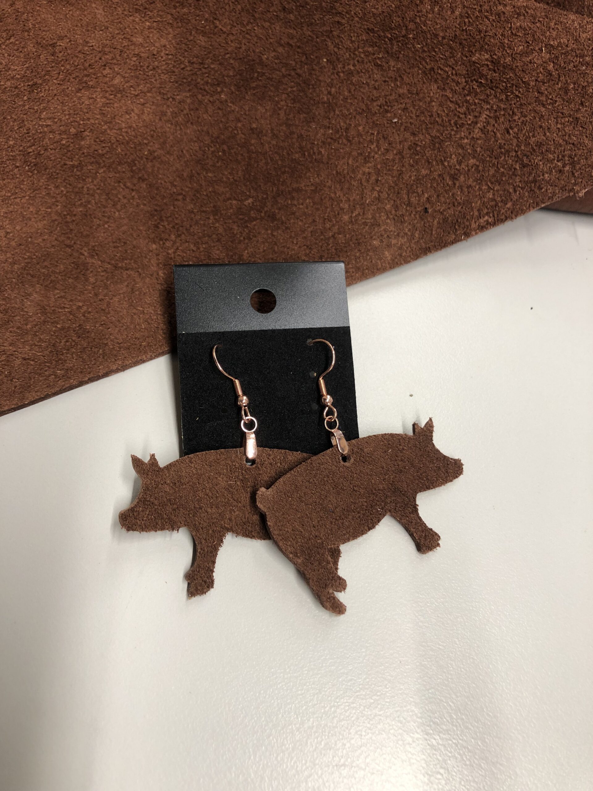 Real Leather Brown Suede Pig Cutout Earrings on Rose Gold Ear Wires