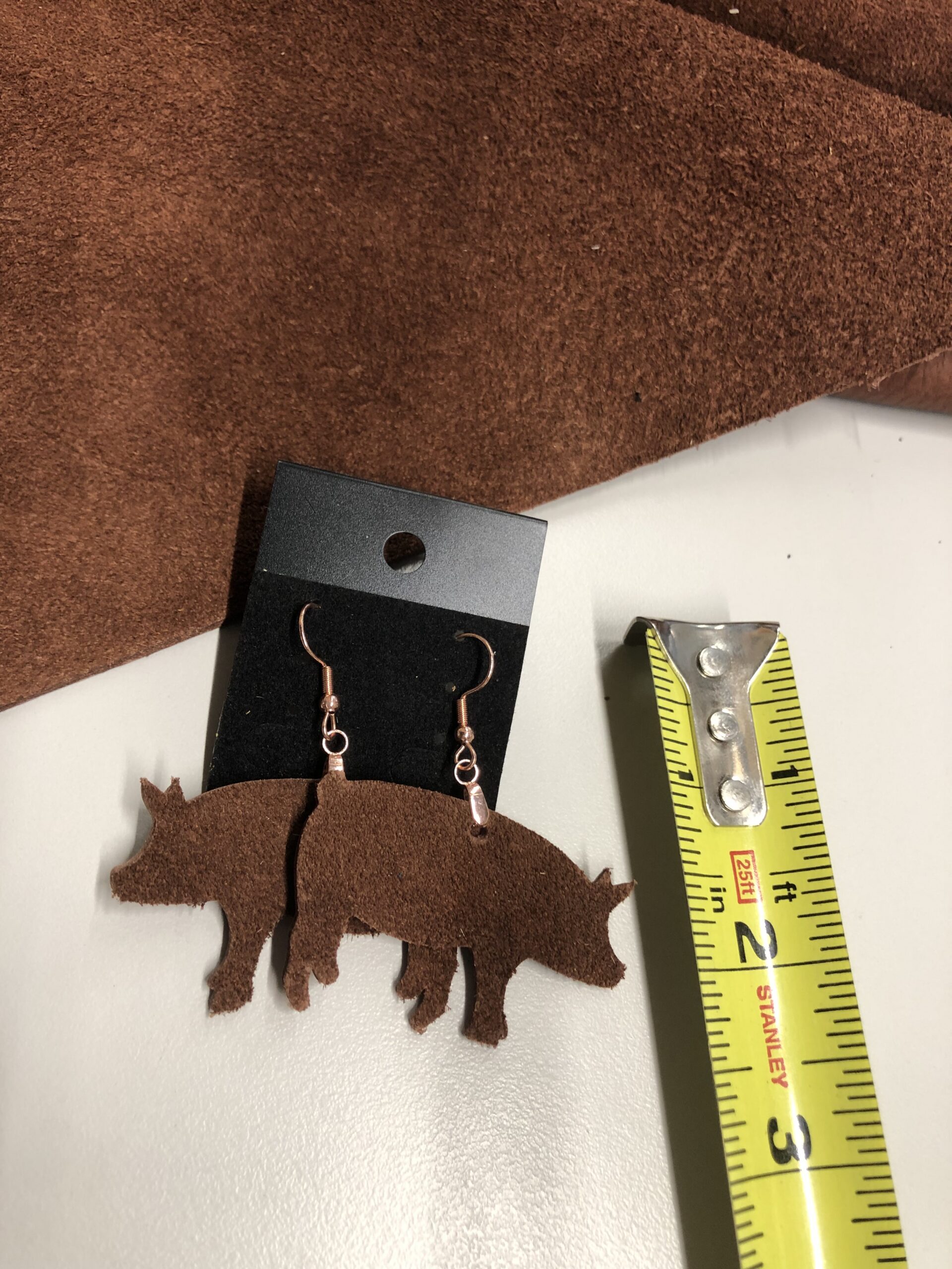 Real Leather Brown Suede Pig Cutout Earrings on Rose Gold Ear Wires - Image 2