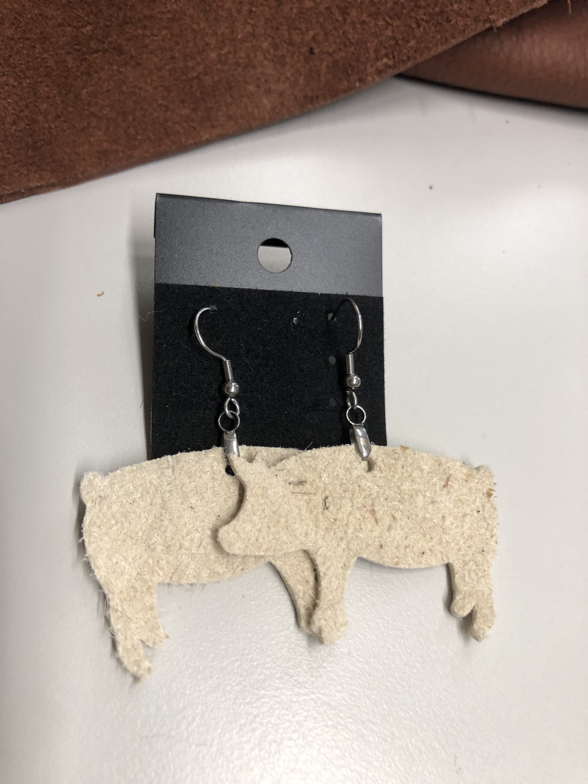 Real Leather White Suede Pig Cutout Earrings on Silver Ear Wires