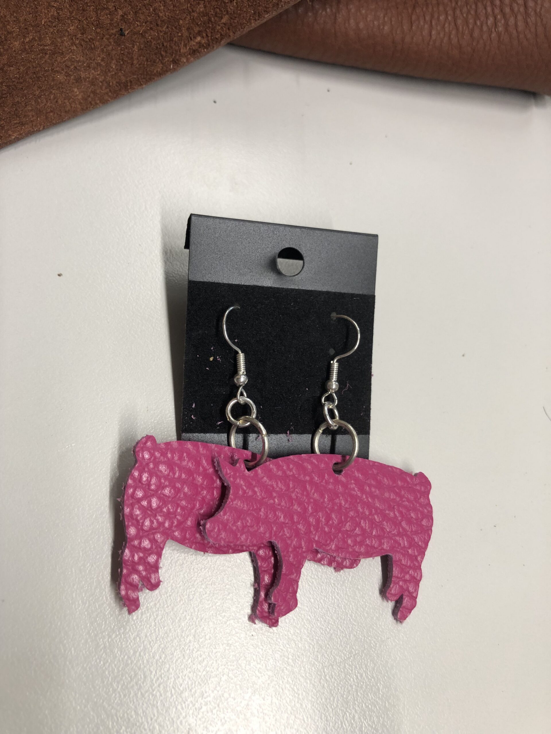 Real Pink Pebbled Leather Pig Cutout Earrings on Silver Ear Wires