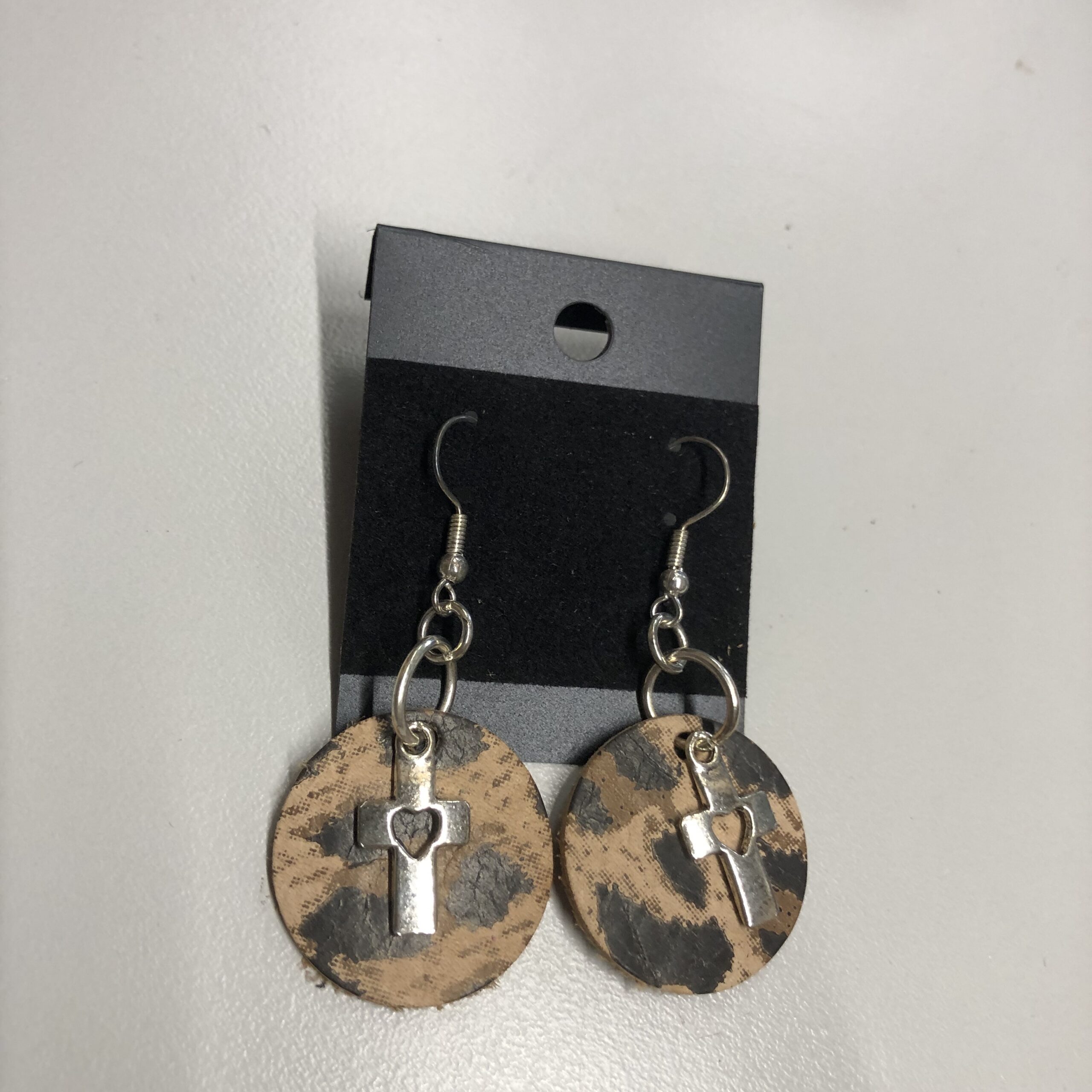 Real Leather Leopard Print 1inch Round Earrings with Silver Heart Cutout Cross Charm on Silver Ear Wires