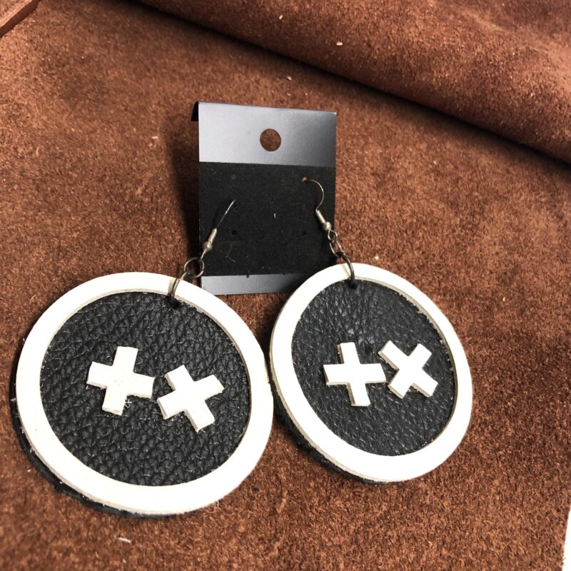 Black Pebbled Leather 2.25inch Circle Earrings with White Cowhide Frame, Cross, & X on Gunmetal Ear Wires