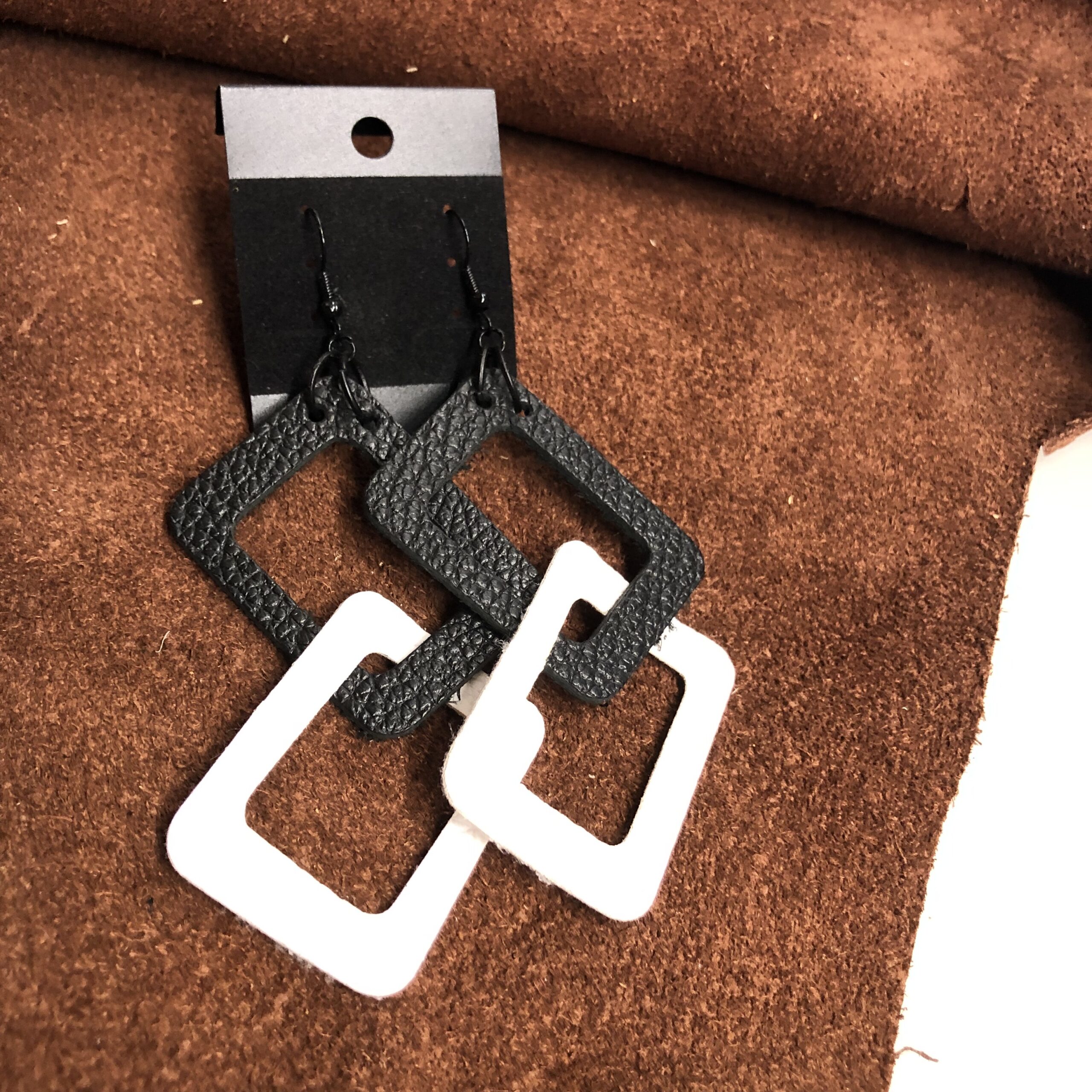 Pebbled Leather Black & White Rectangle Frame Earrings on Black Ear Wires