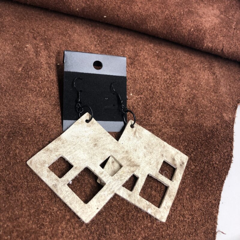Brown & White Cowhide Square Earrings with Square Cutouts on Black Ear Wires