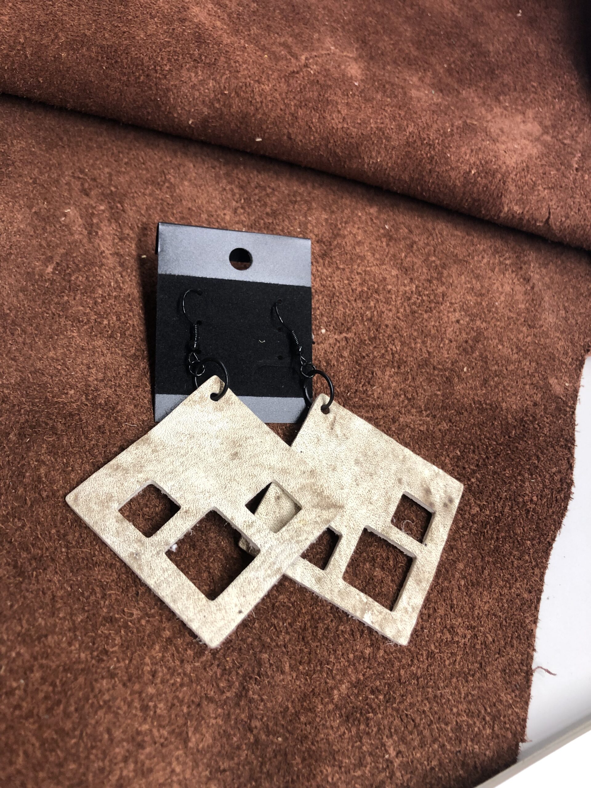 Brown & White Cowhide Square Earrings with Square Cutouts on Black Ear Wires