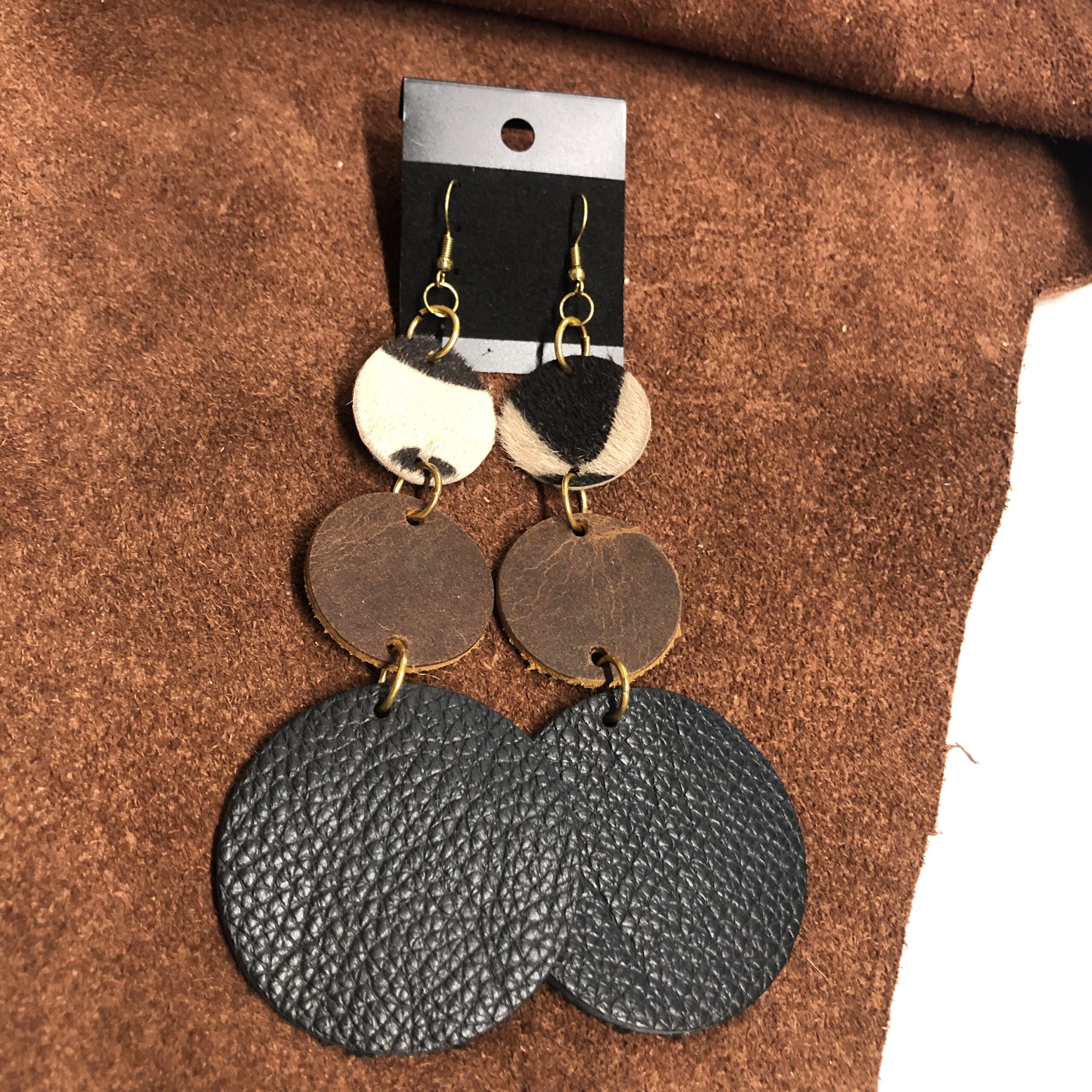 Giraffe Print 1inch Circle, Distressed Leather 1.5inch Circle, Black Pebbled Leather 2inch Circle, Dangle Earrings on Gold Ear Wires