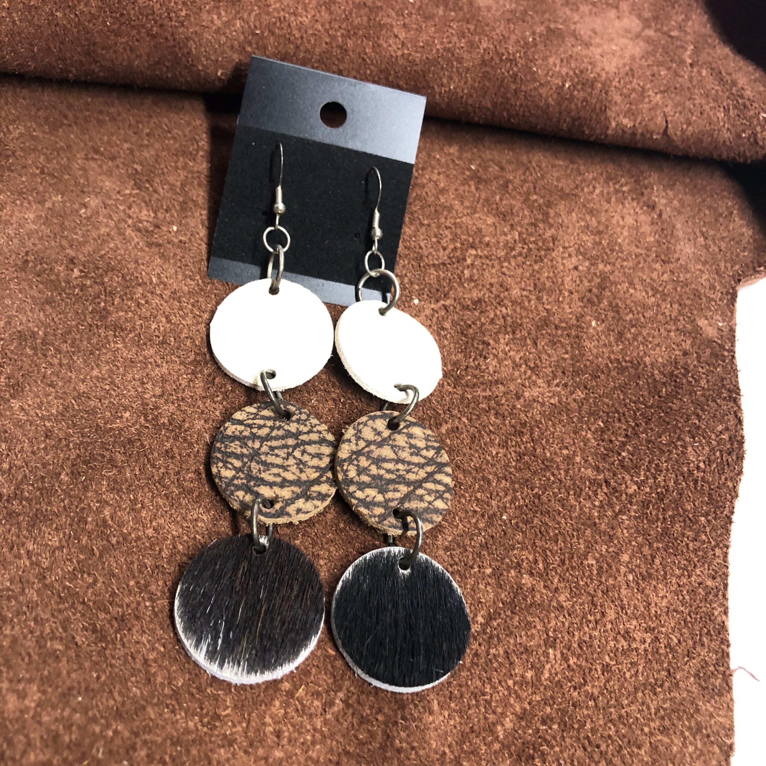 White Cowhide, Bison Hide, & Black Hair on Hide 1inch Circle Dangle Earrings on Gunmetal Ear Wires