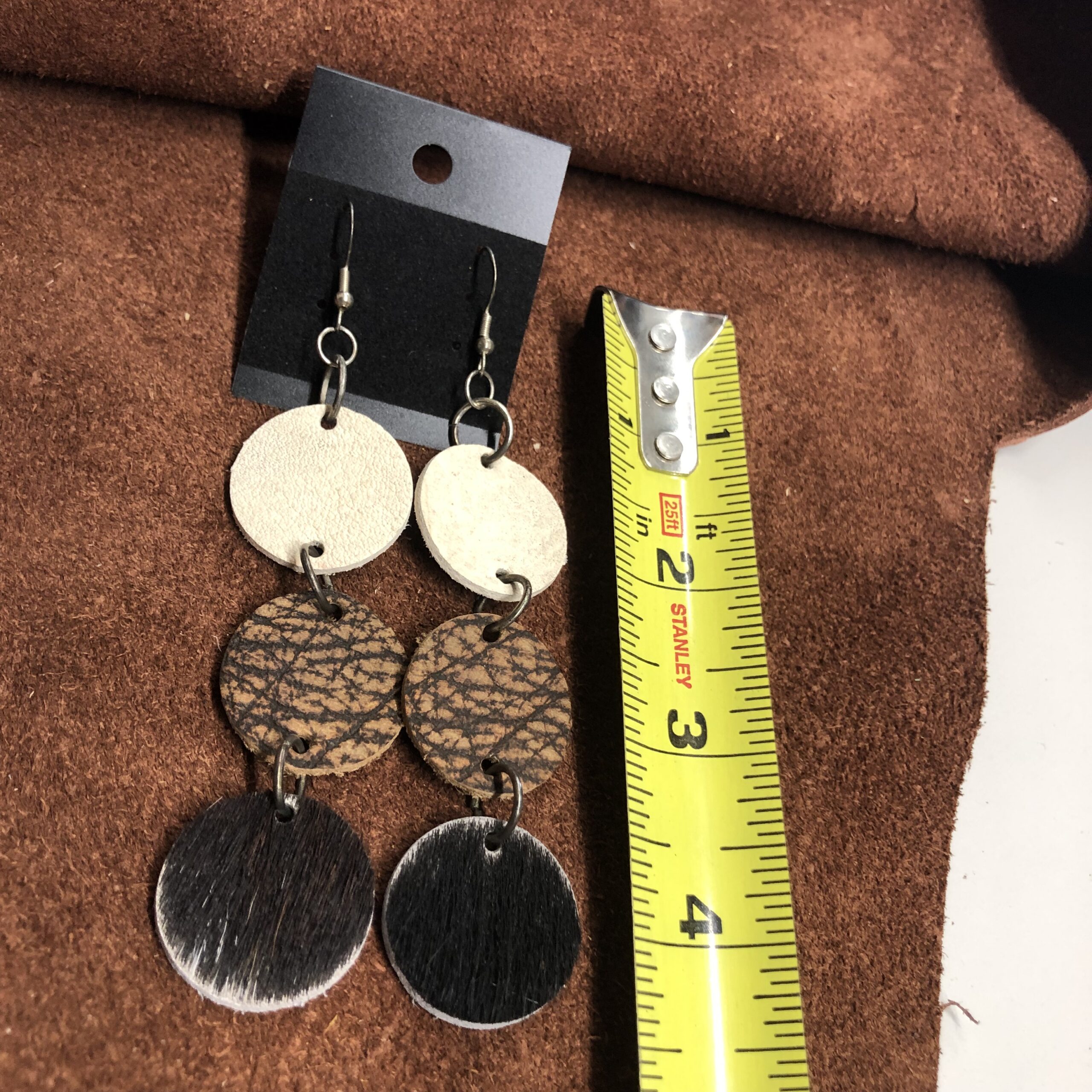 White Cowhide, Bison Hide, & Black Hair on Hide 1inch Circle Dangle Earrings on Gunmetal Ear Wires - Image 2