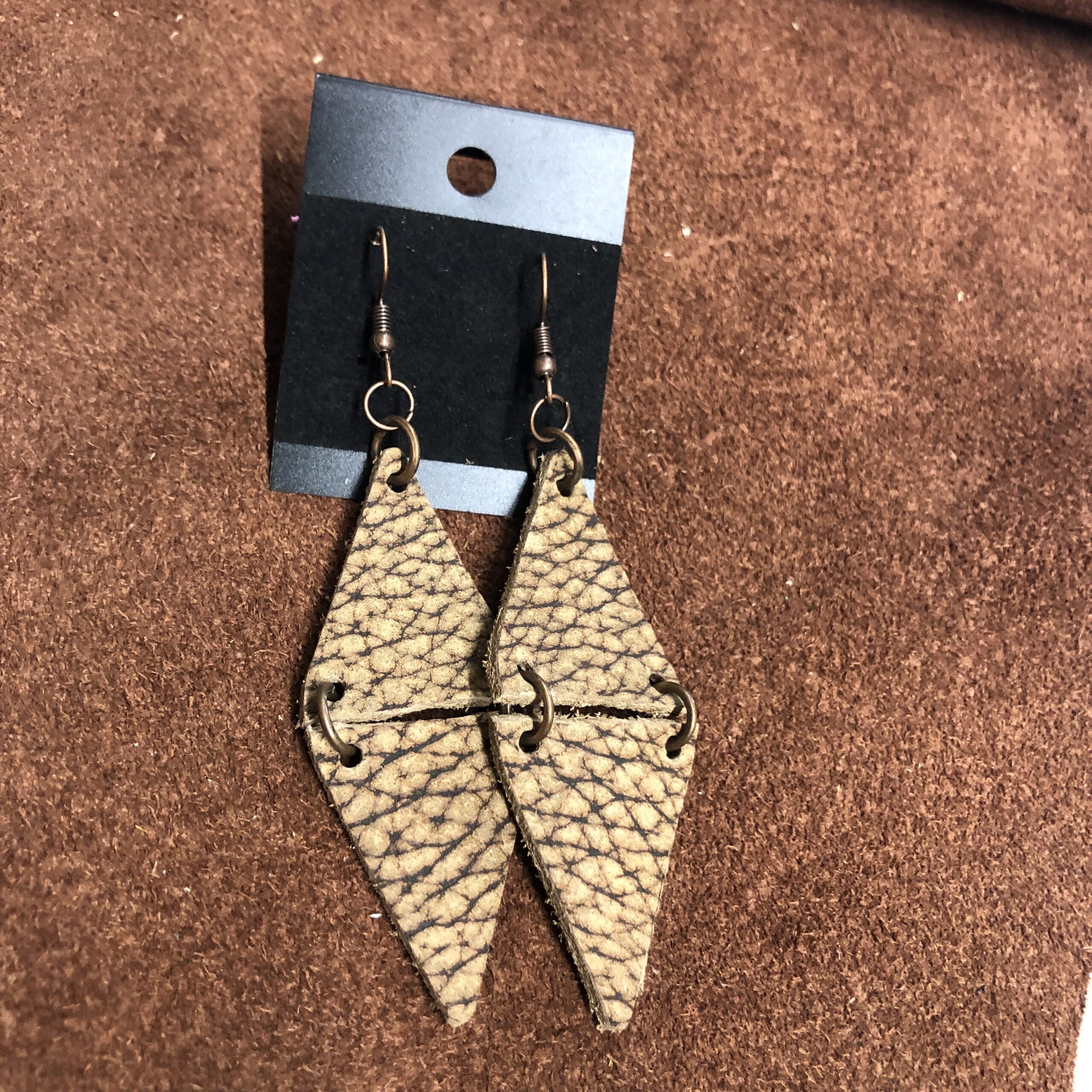 Bison Hide Triangle Dangle Earrings on Antique Bronze Ear Wires