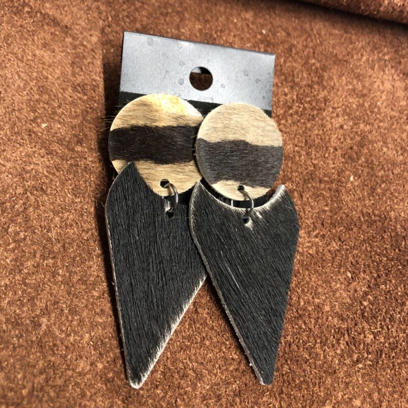 Dark Zebra Print Ear Studs with Black Hair on Hide Arrowhead Dangle Earrings