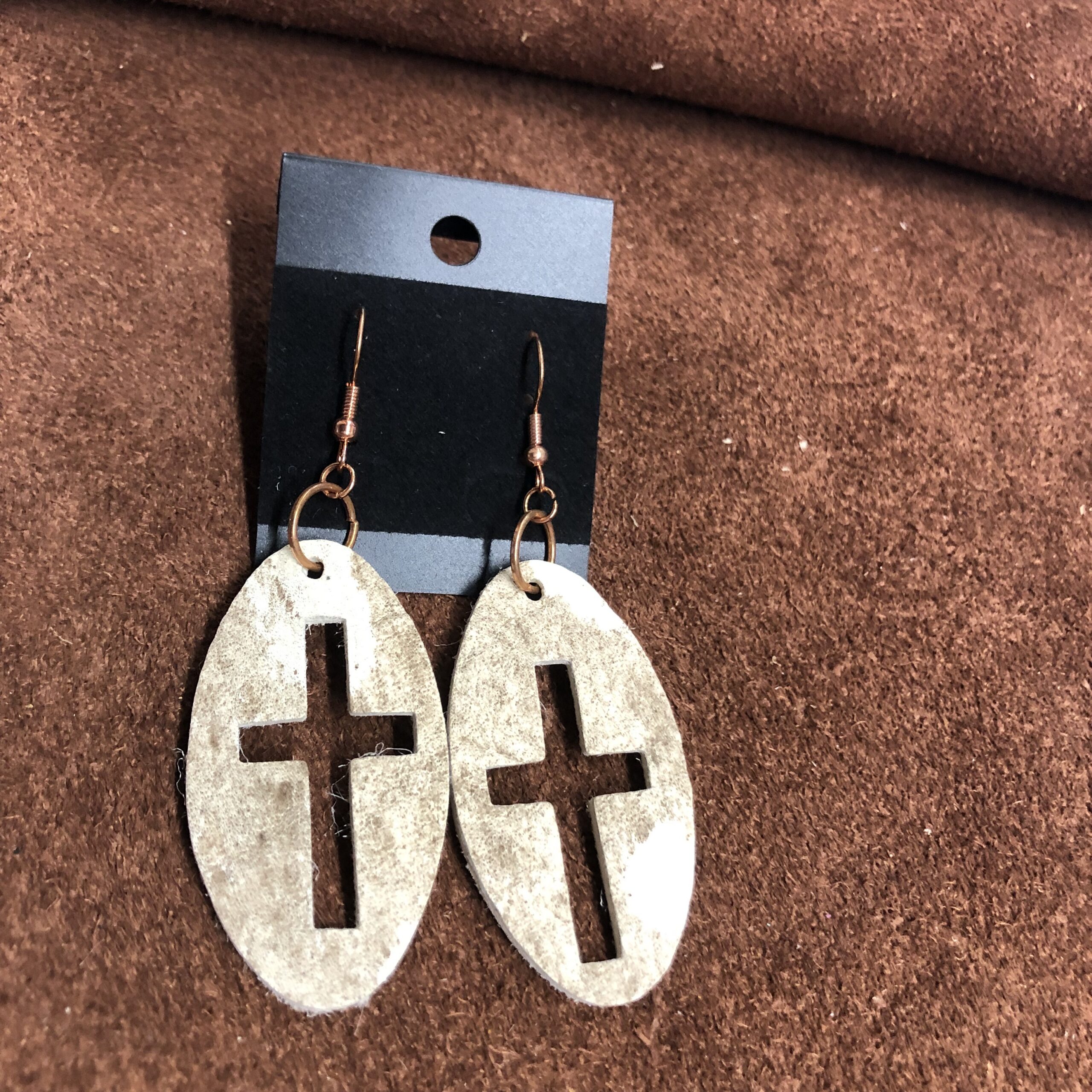 Brown & White Cowhide Leather Long Oval Earrings with Cross Cutout on Rose Gold Ear Wires
