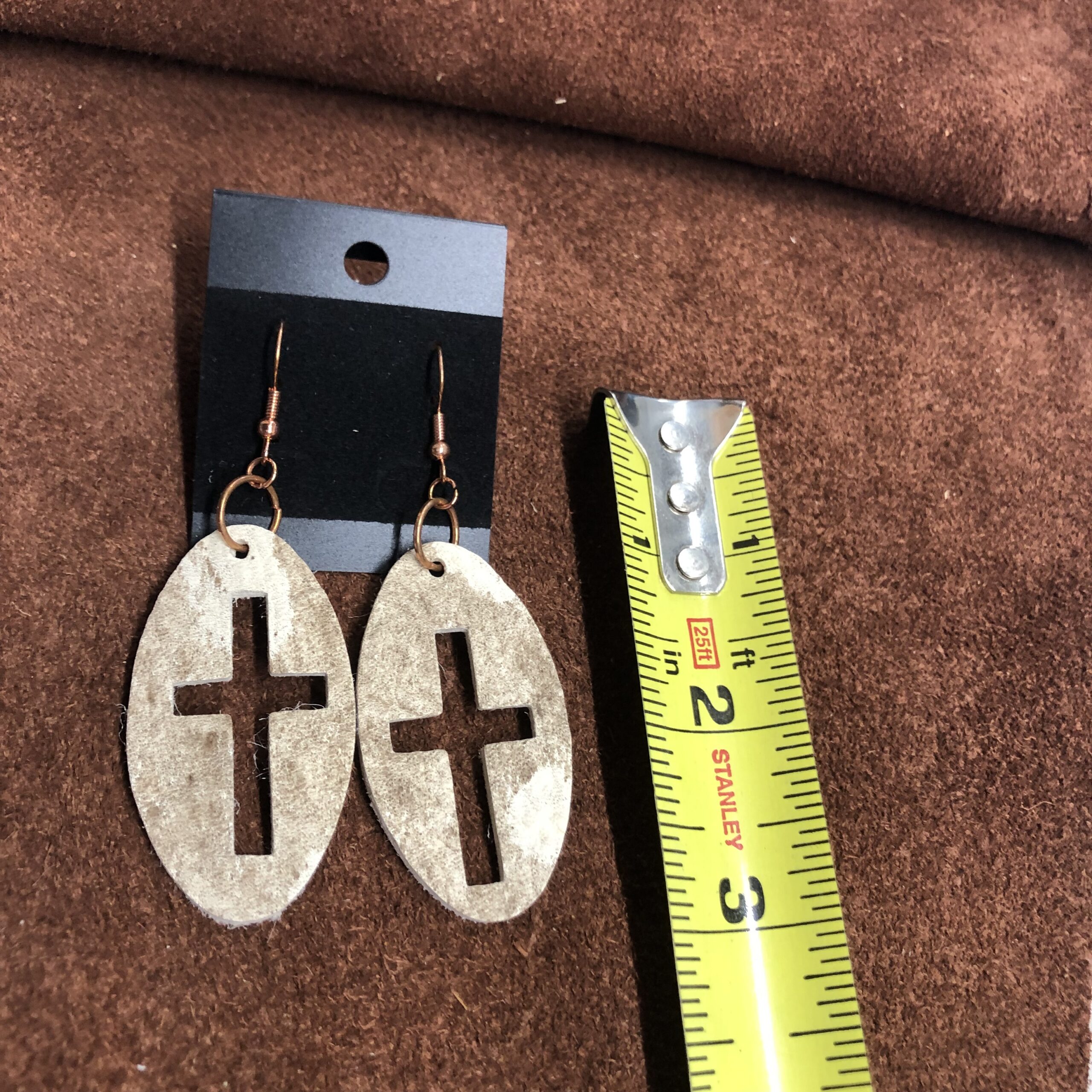 Brown & White Cowhide Leather Long Oval Earrings with Cross Cutout on Rose Gold Ear Wires - Image 2