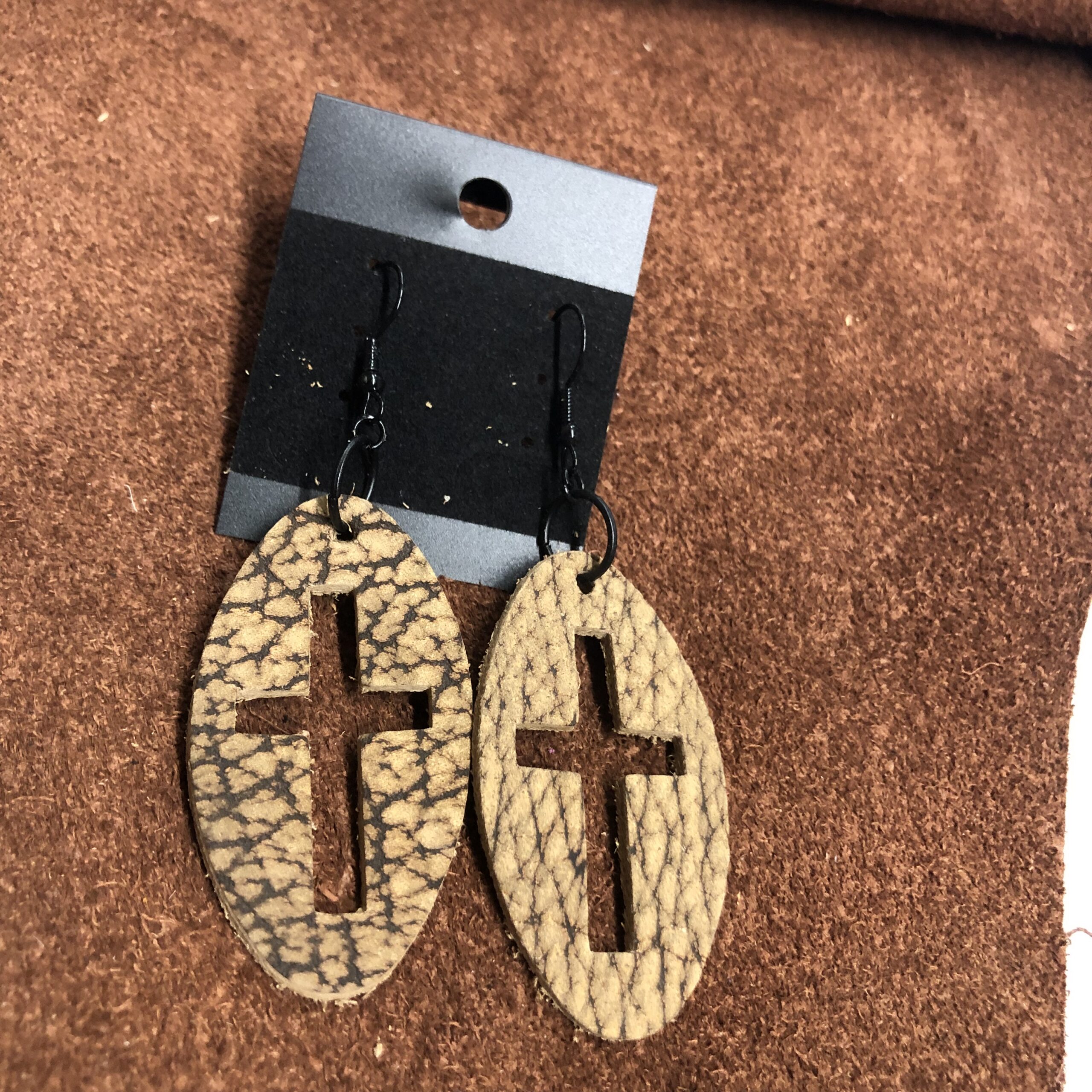 Bison Hide Leather Long Oval Earrings with Cross Cutout on Black Ear Wires