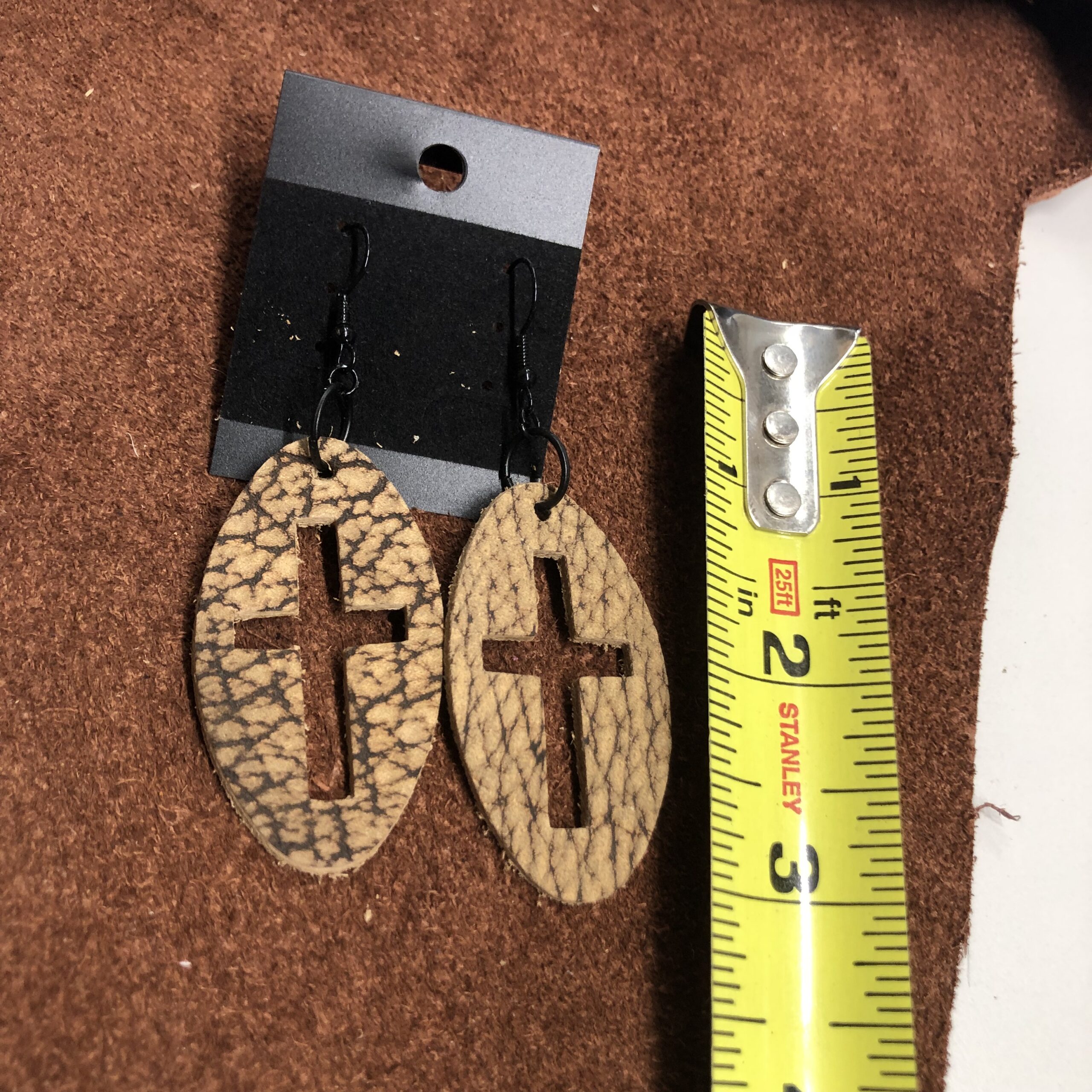 Bison Hide Leather Long Oval Earrings with Cross Cutout on Black Ear Wires - Image 2