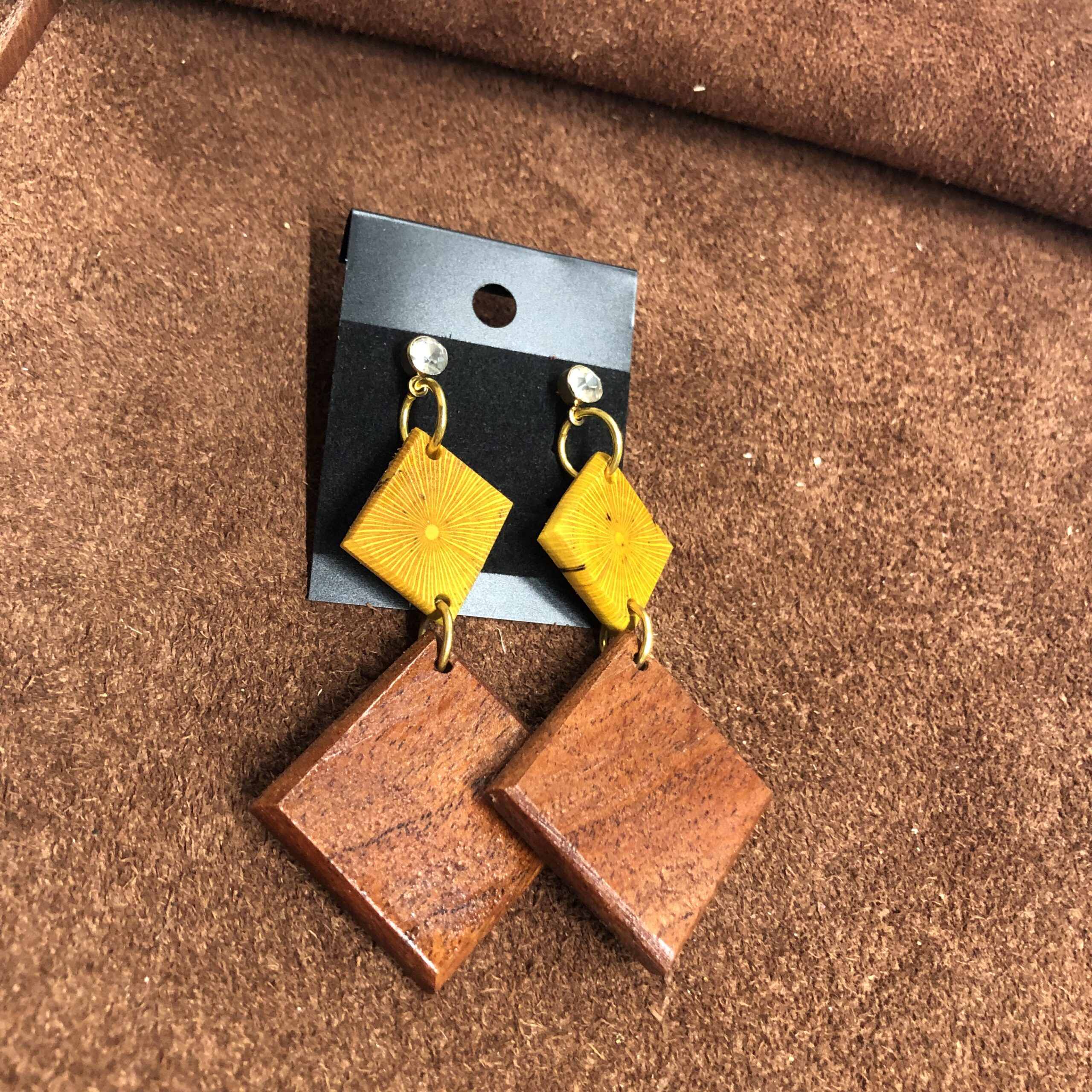 Rhinestone Studs, Agarita Wood 1inch Square, Mesquite Wood 1.25inch Square Dangle Earrings