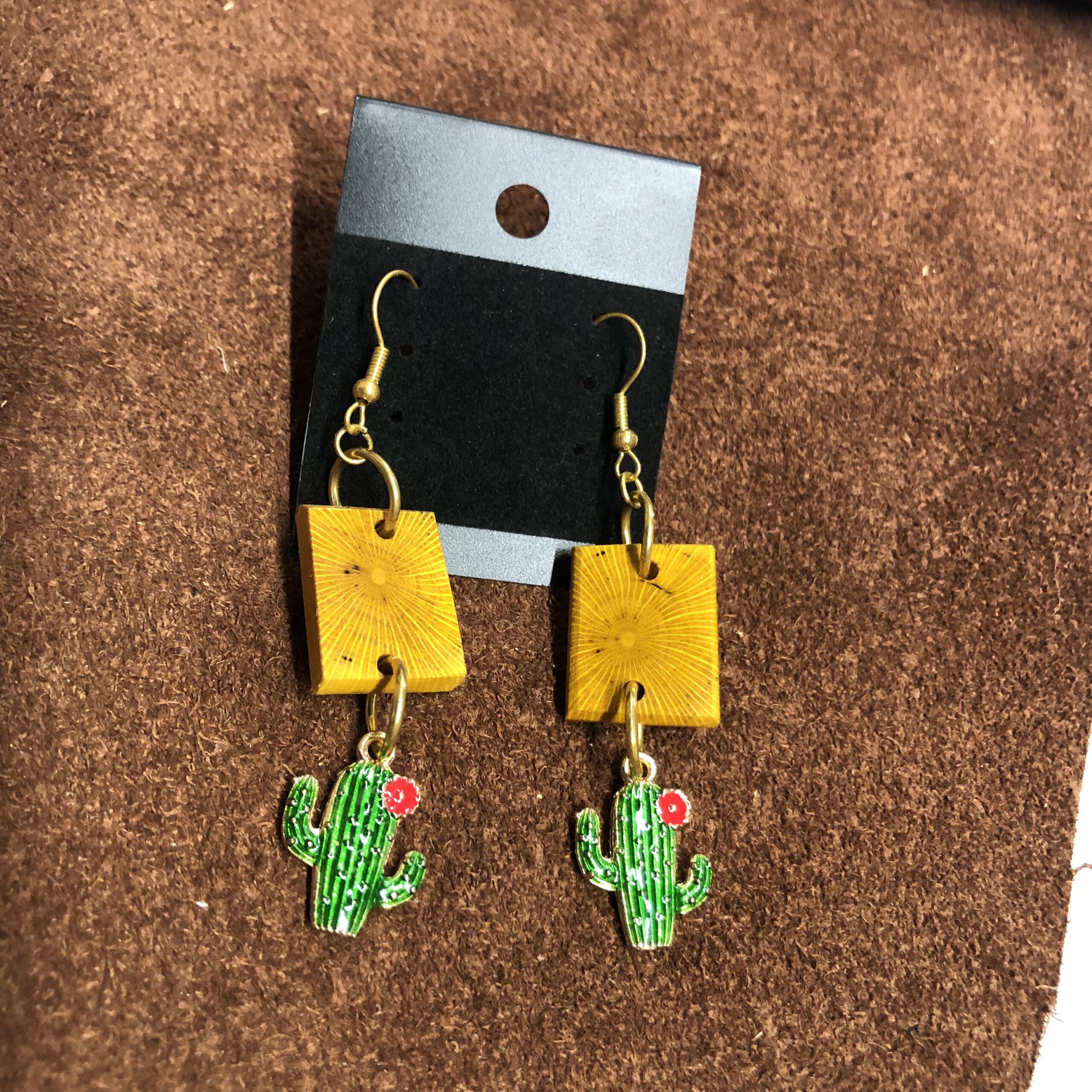 1inch Agarita Wood Square with Saguaro Cactus Flower Charm Dangle Earrings on Gold Ear Wires