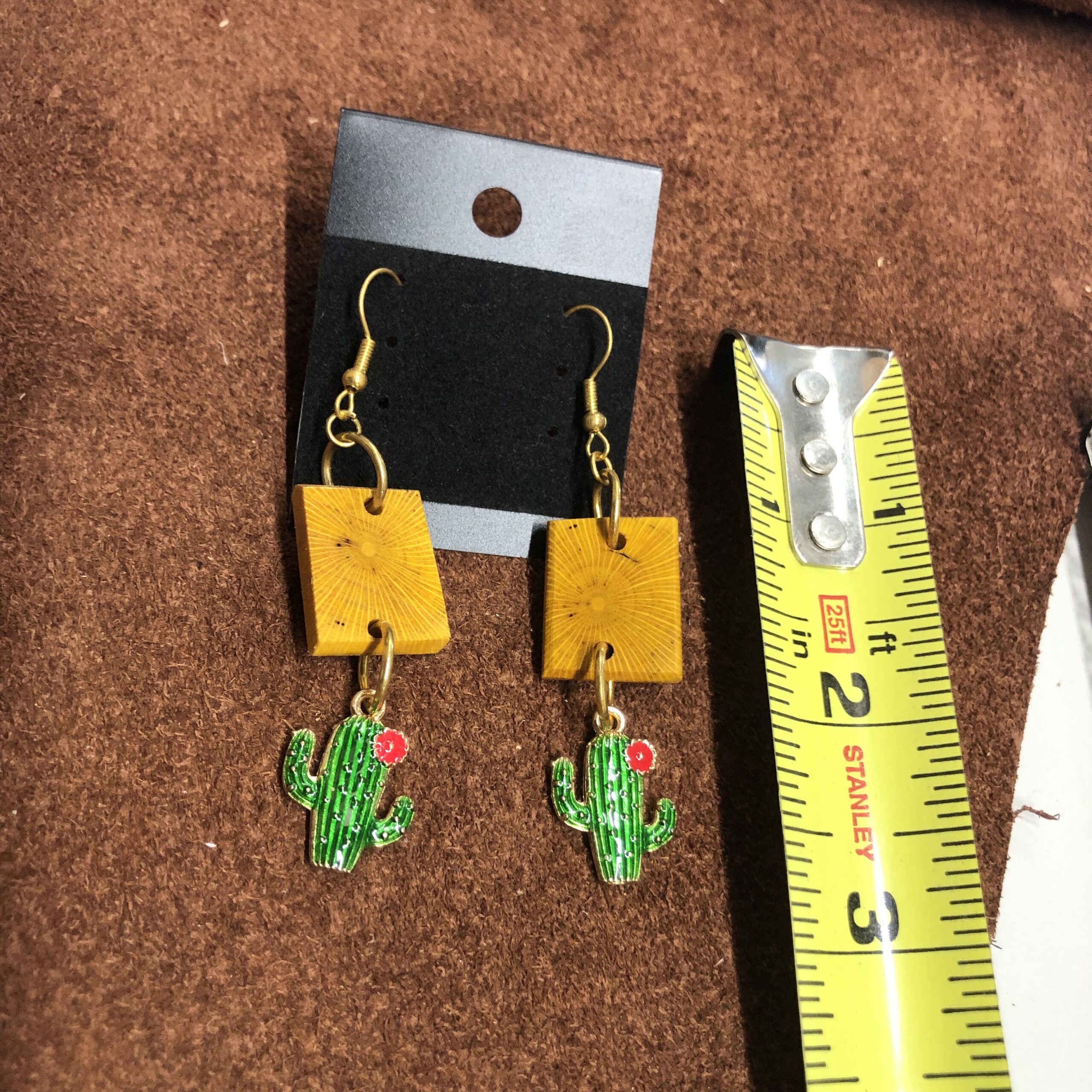 1inch Agarita Wood Square with Saguaro Cactus Flower Charm Dangle Earrings on Gold Ear Wires - Image 2