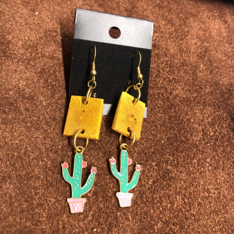 Agarita Wood 1inch Square with Potted Saguaro Cactus Charm Dangle Earrings on Gold Ear Wires