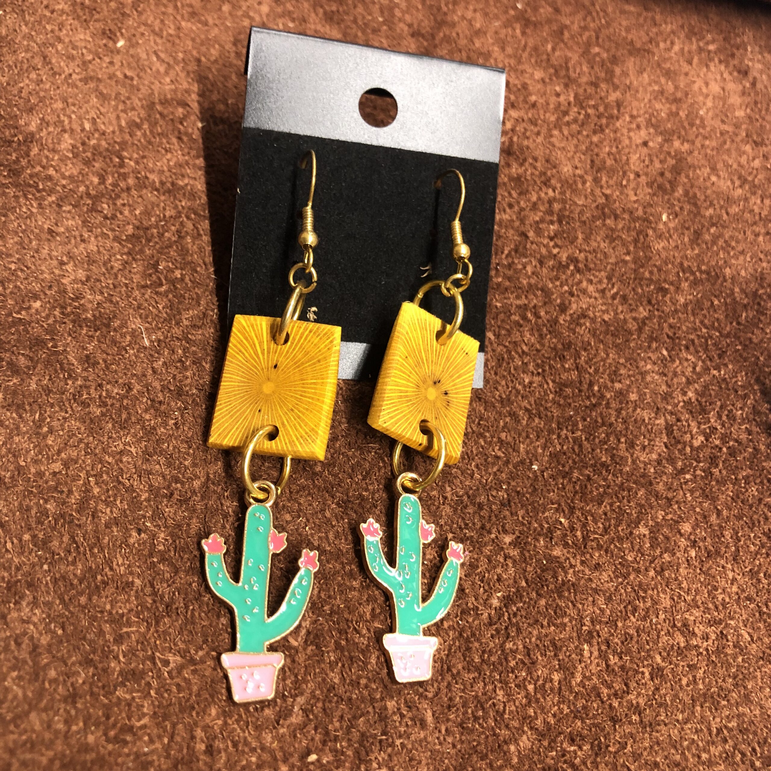 Agarita Wood 1inch Square with Potted Saguaro Cactus Charm Dangle Earrings on Gold Ear Wires
