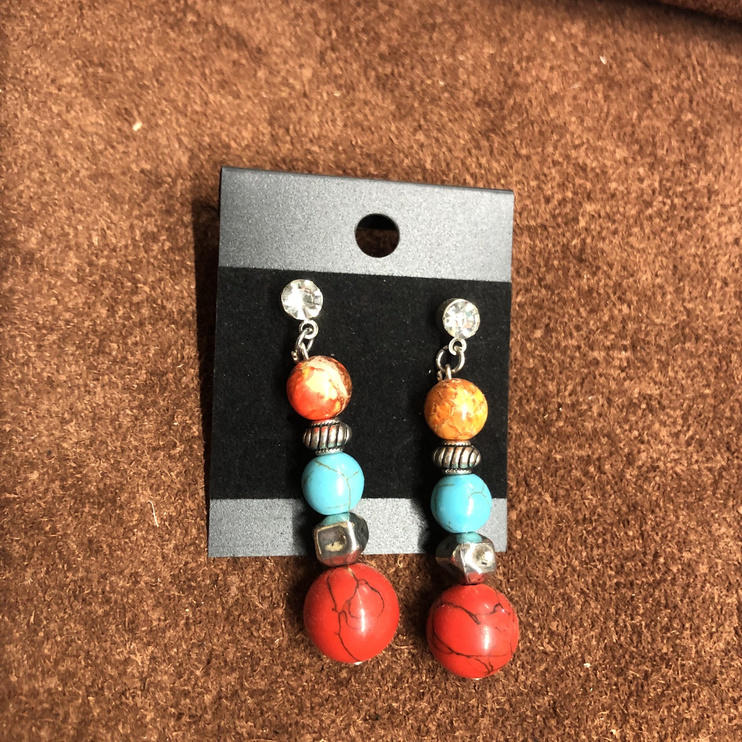 Silver Rhinestone Studs with Picasso Jasper, Blue Jasper, Red Jasper Beads, and Silver Filigree & Nugget Beads