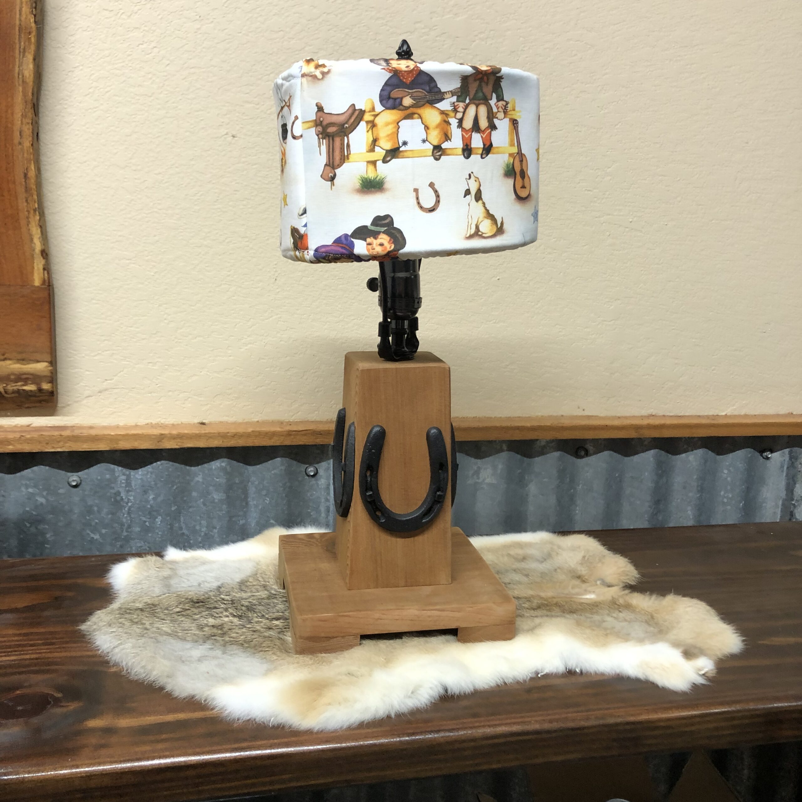 Western Red Cedar Childs Lamp with 4 Black Horseshoes and Country Rodeo fabric Lampshade