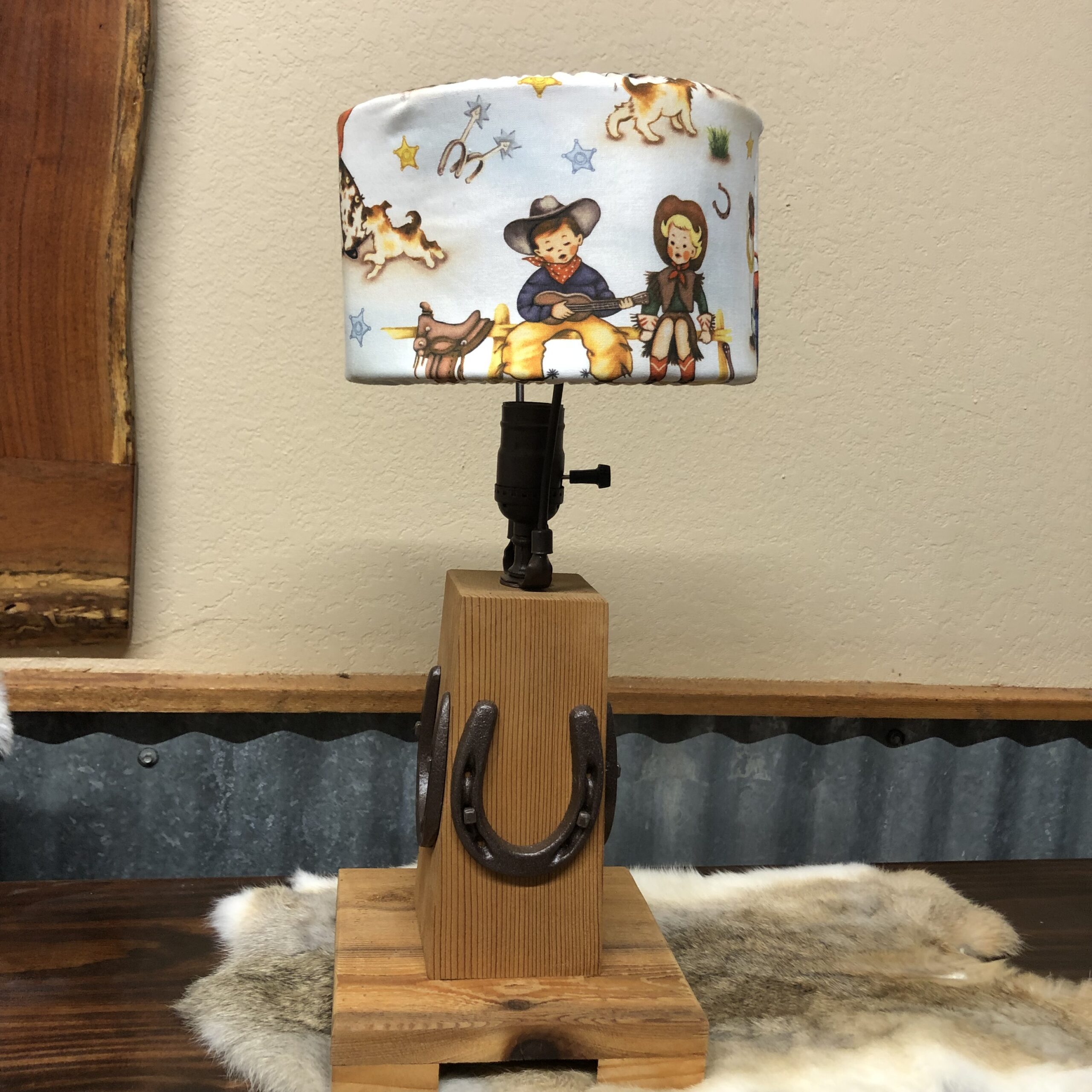 Western Red Cedar Childs Lamp with Oil Rubbed Bronze Lamp Fixtures & Horseshoes, including Country Rodeo Fabric Lampshade