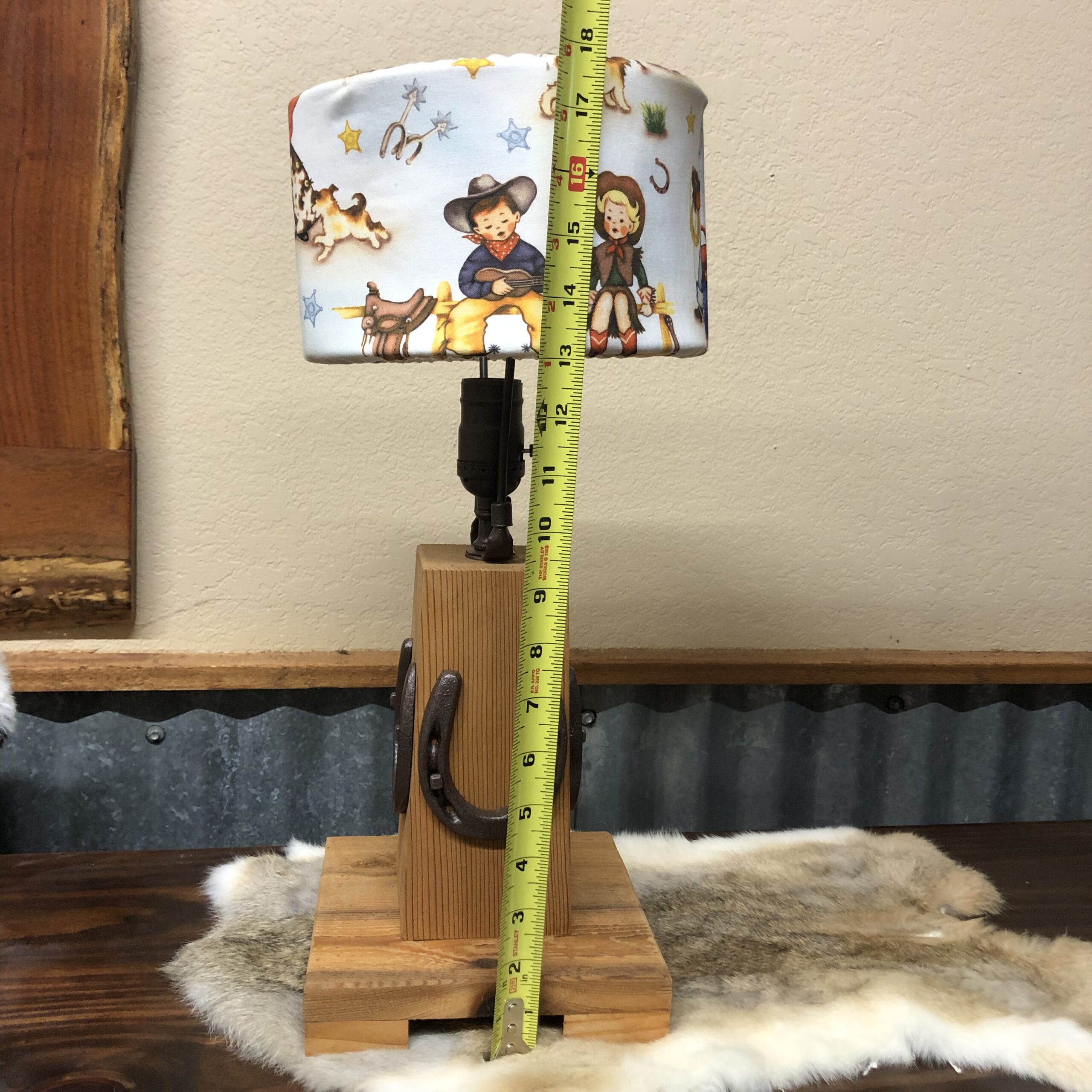 Western Red Cedar Childs Lamp with Oil Rubbed Bronze Lamp Fixtures & Horseshoes, including Country Rodeo Fabric Lampshade - Image 2