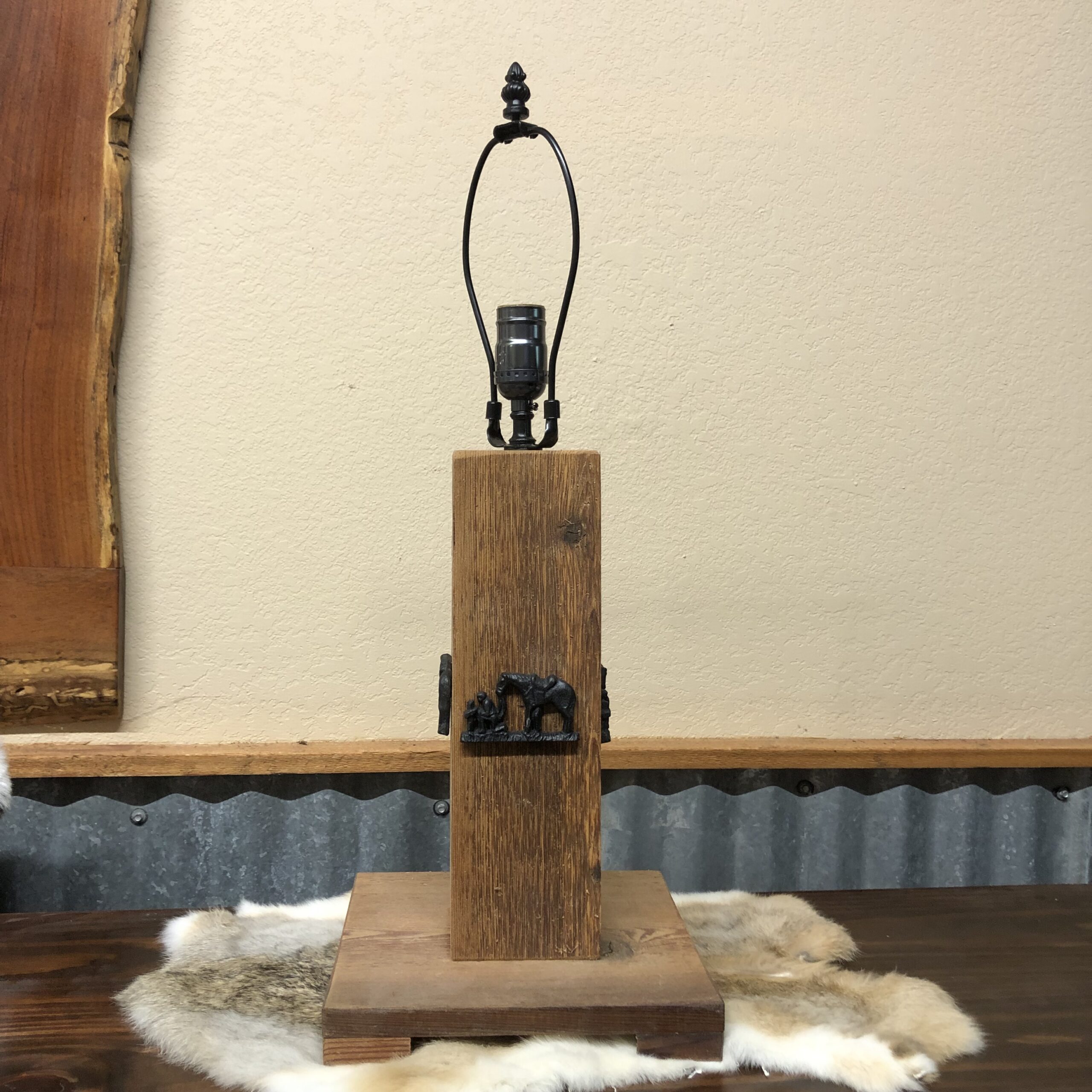 Western Red Cedar Rough Lamp with Praying Cowboy & Horse