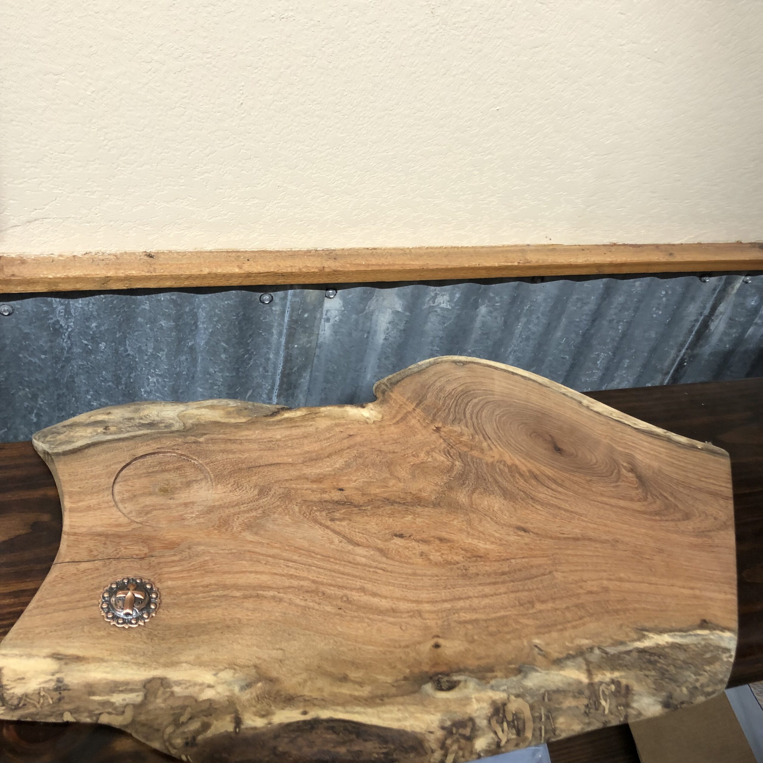 Mesquite Wood Charcuterie Board with Live Edge & Oil Rubbed Bronze Medallion Accent