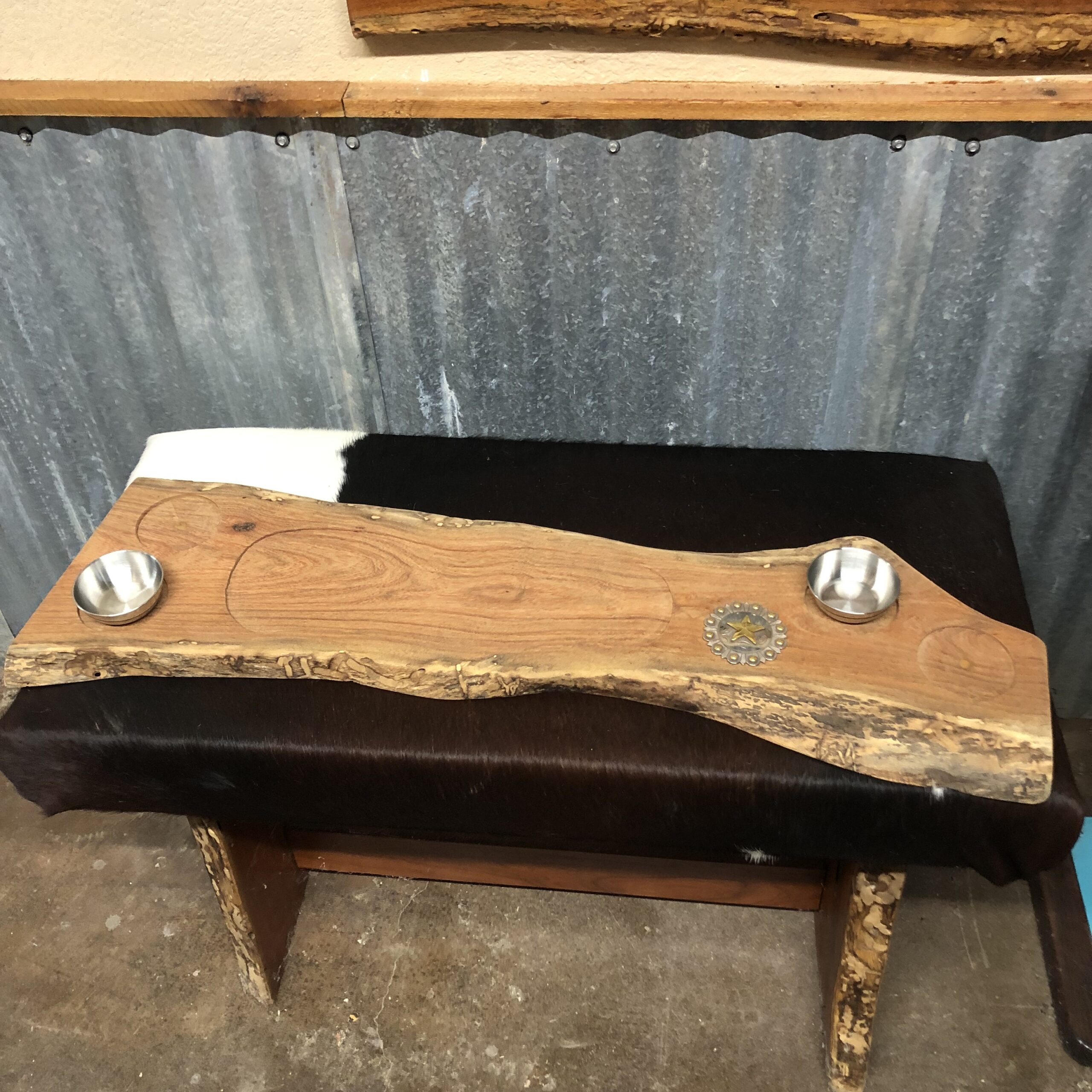 Mesquite Charcuterie Board with Live Edge, Gold & Silver Medallion