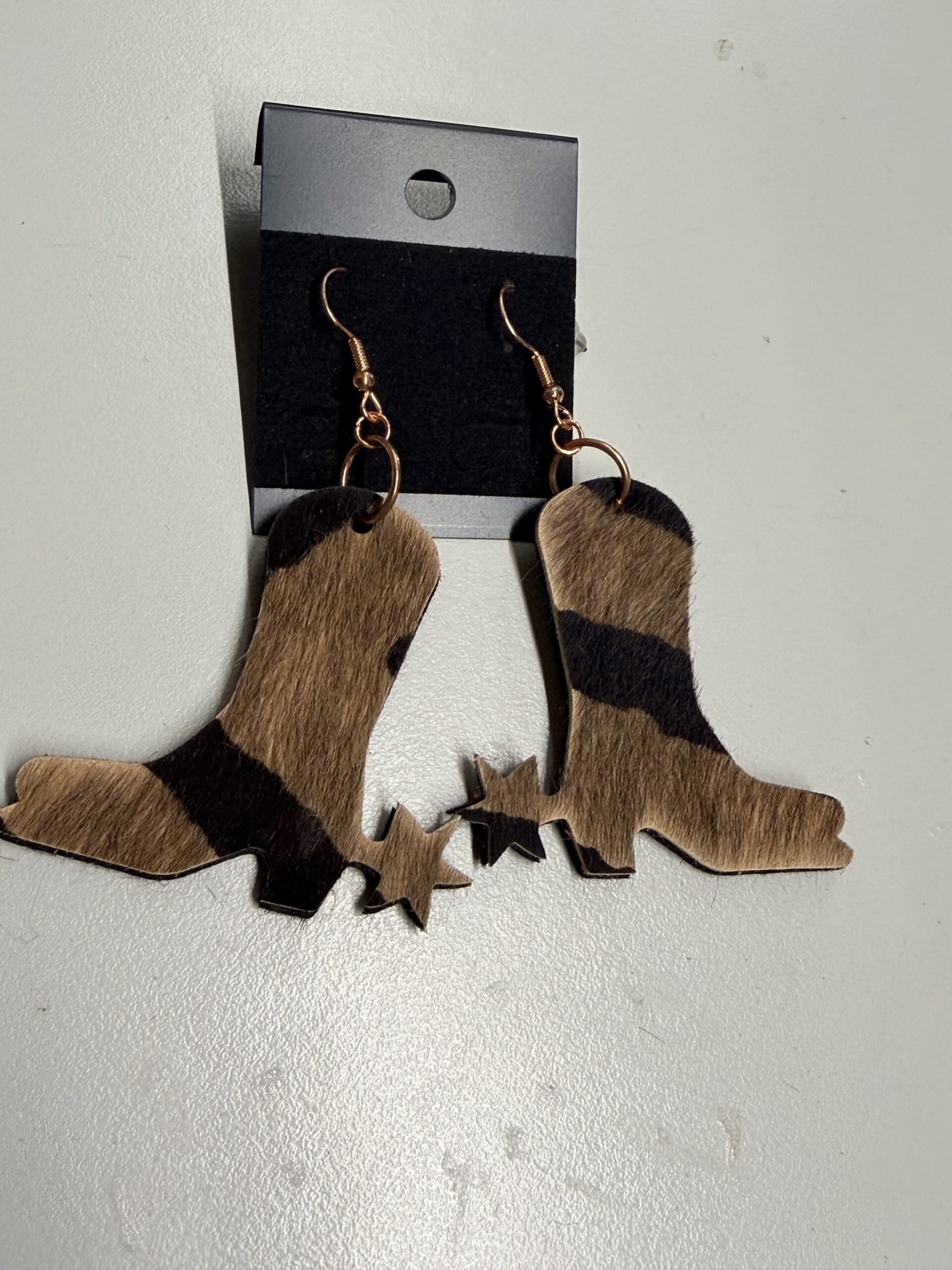 Real Leather Hair on Hide Dark Zebra Print Boots & Spurs Earrings on Rose Gold Ear Wires