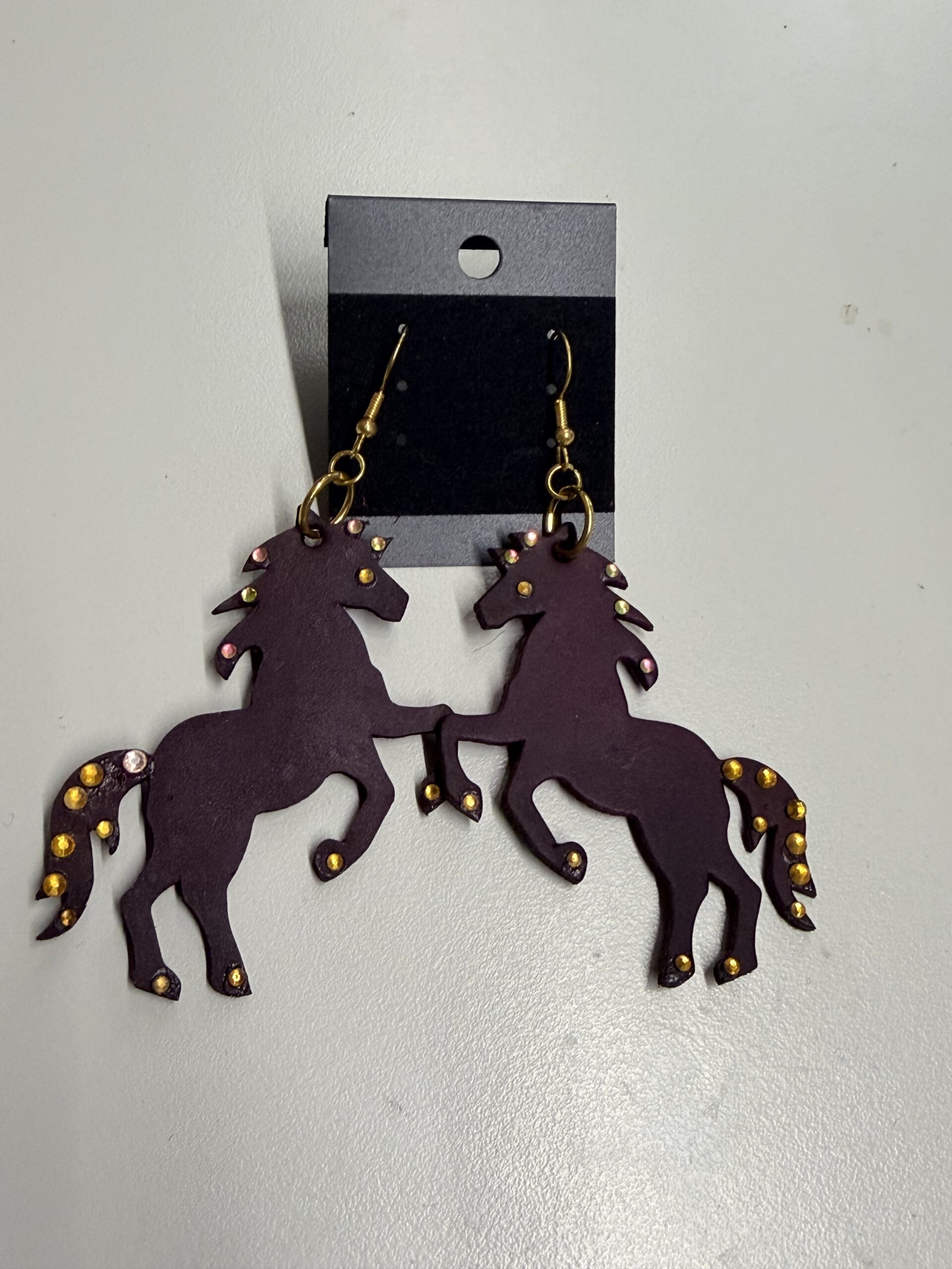 Real Maroon Leather Horse cutout Earrings with Multicolored Rhinestones on Gold Ear Wires